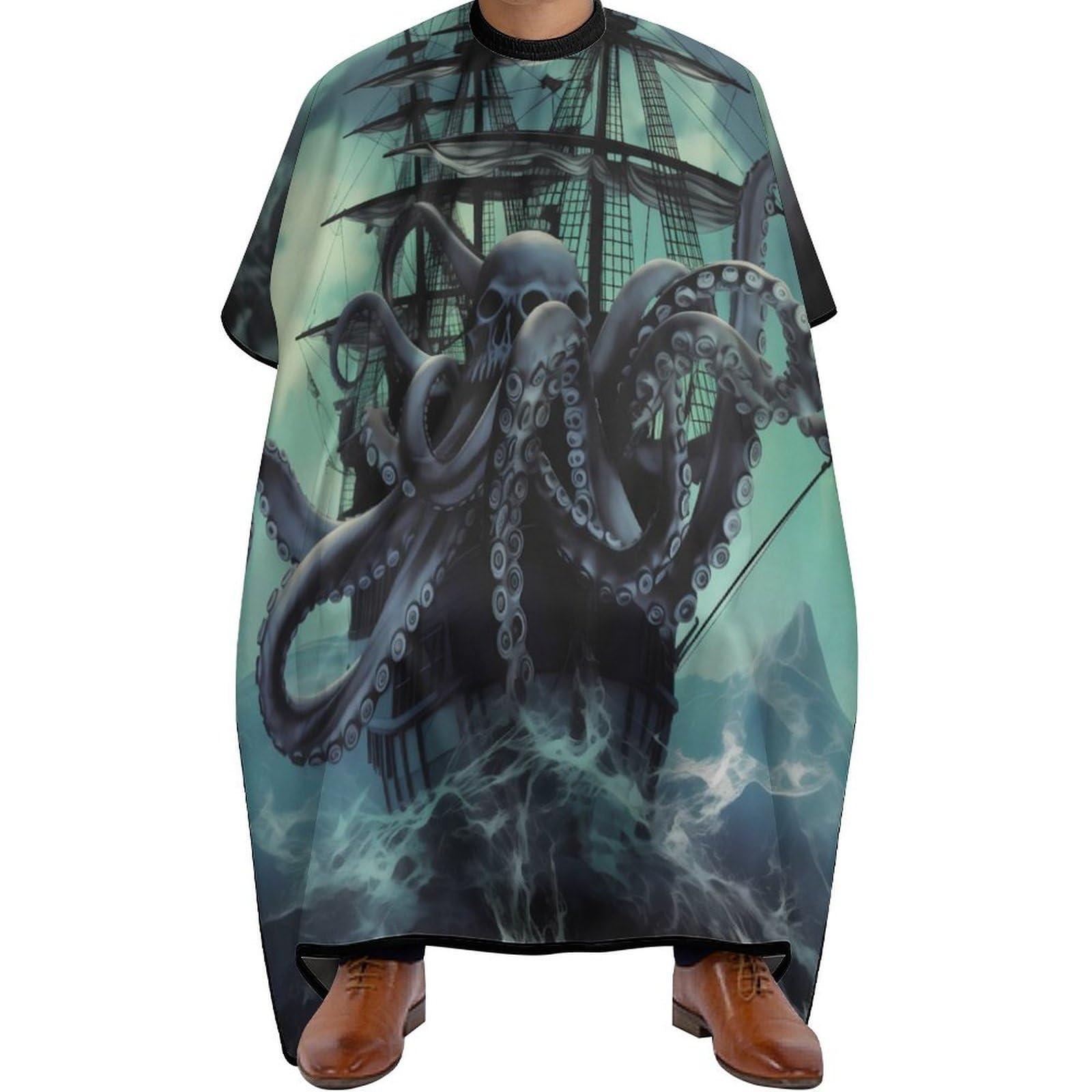 KUYT KUYT Octopus Skull Ship Professional Barber Cape,Polyester Hair Cutting Salon Cape,Water And Stain Resistant Apron,Cutting Hair Beard Hairdressing Cape Anti-Static Haircut,56.766.9 Inch (1 Pack)