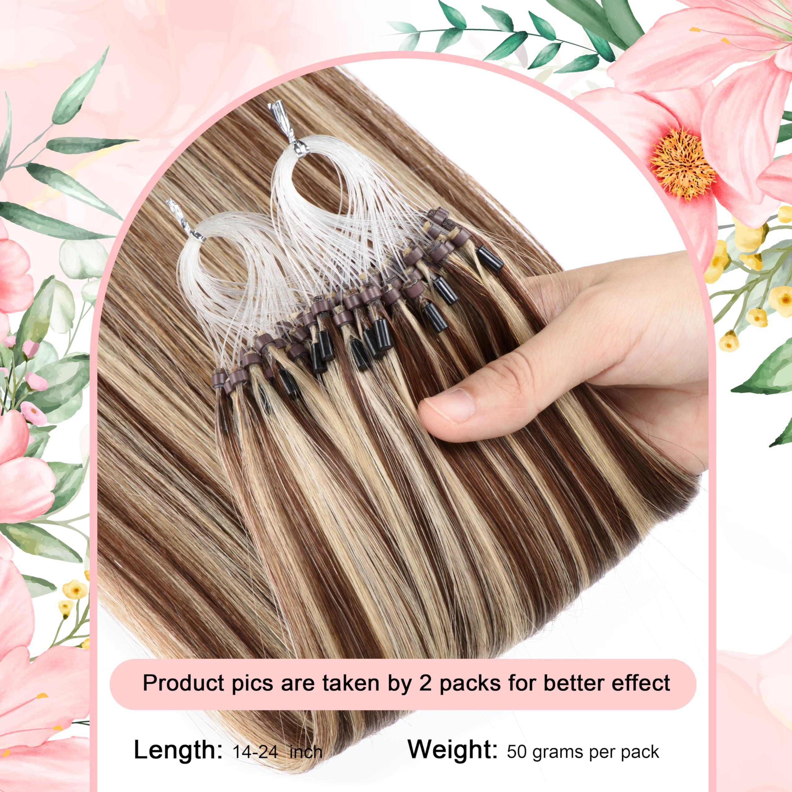Kpvxxve Kpvxxve Microlink Extensions Human Hair 20 Inch Micro Loop Hair Extensions Long Straight Hair Brown with Bleach Blonde Highlight #4/613 Hair Extensions Real Human Hair 50g 1g/s