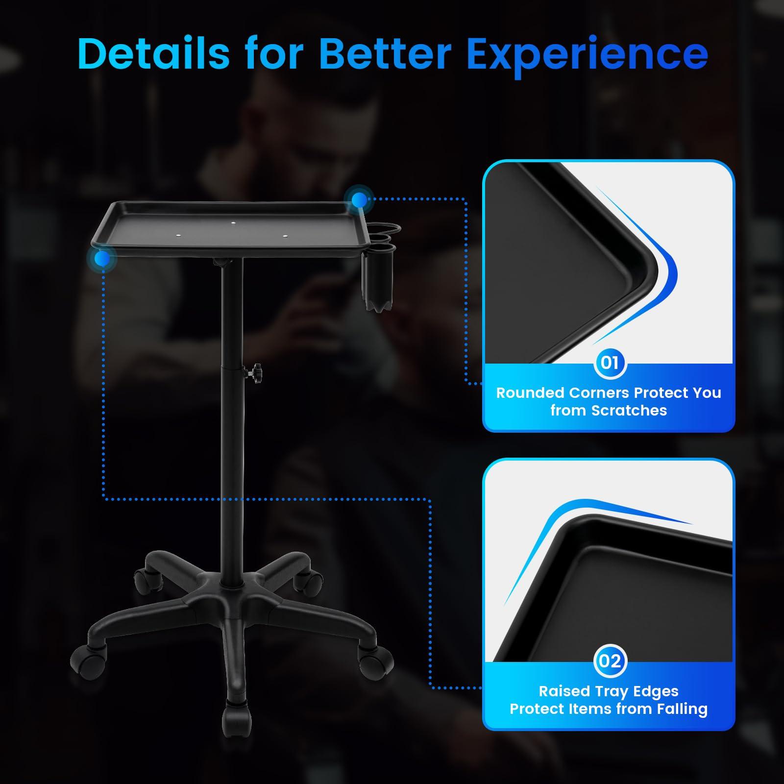 HAPPCUCOE Rolling Salon Trolley Cart Adjustable Height,Barber Shop Tray Storage Cart,Utility Cart,Professional Salon Hair Instrument Tray for Barber Stores (Black)