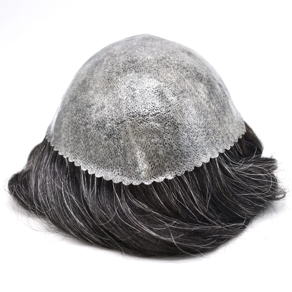 Healthlif Healthlif Toupee For Men Real Human Hair Full PU Mens Hairpiece Natural Looking Toupee Men Hair Rrplacement System Mens Hair Pieces For Thinning Hair 8X10#1B30#1B Off Black+30% Grey