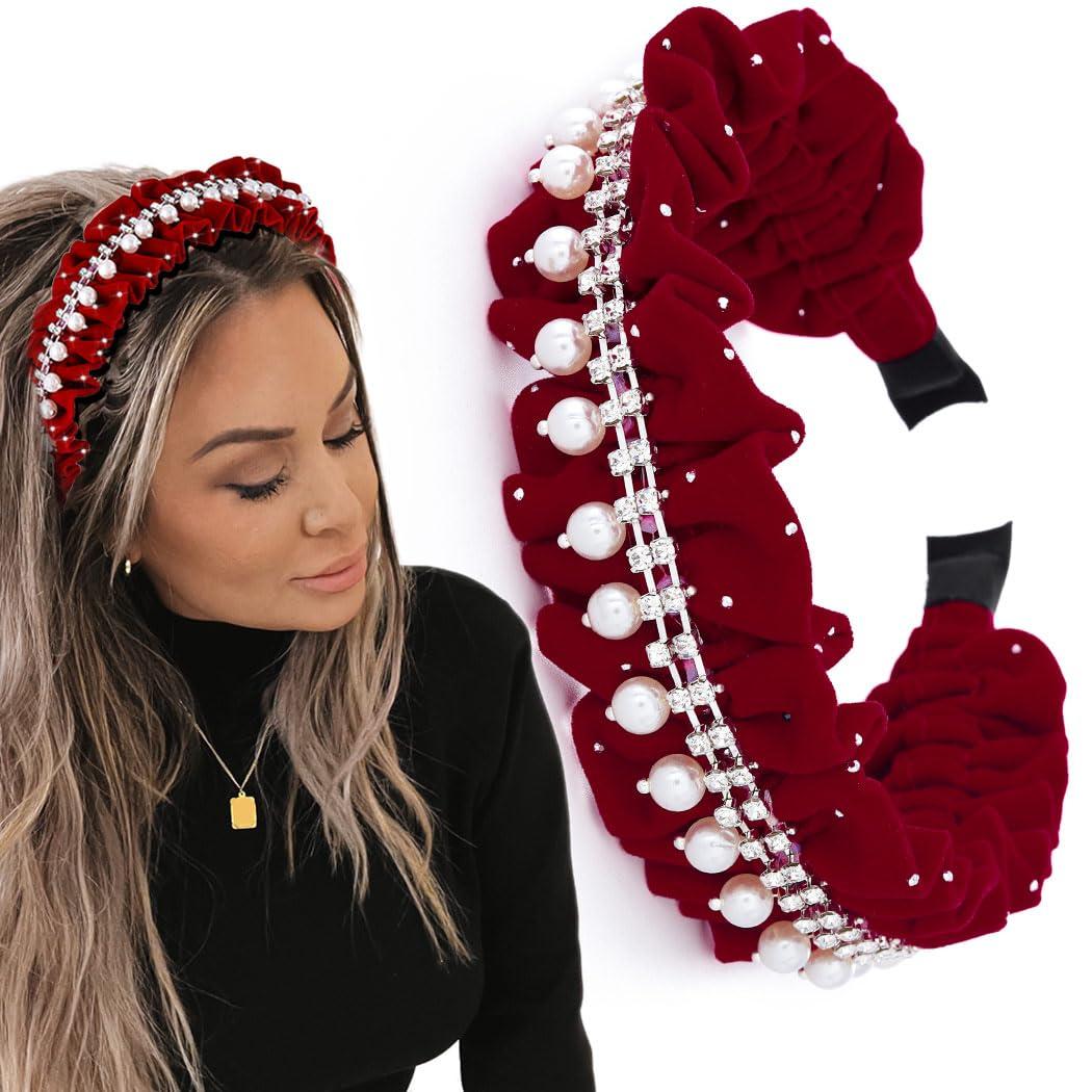 Coridy Coridy Red Headbands Pearl Headband Rhinestone Head Band wrinkle hairband Glittering Jewelry velvet Hair Hoop For Women (Red)