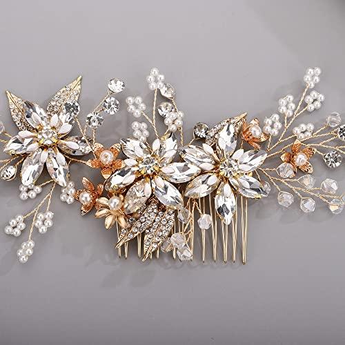 Chargances Chargances Wedding Crystal Flower Hair Comb for Women Bridal Pearl Beaded Hair Side Comb Fashion Leaf Flower Hair Vine Comb Rhinesotne Headpieces Bride Wedding Prom Flower Girl Hair Accessories