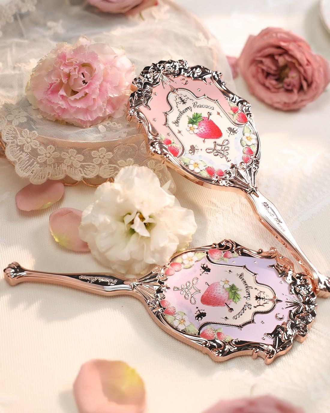 Flower Knows Flower Knows Strawberry Rococo Handheld Mirror,Portable Vintage Mirror,Durable Metal Mirror,Cute & Aesthetic Princess Mirror,with Long Handle for Easy Holding,Gift for Girls(Soft Pink)