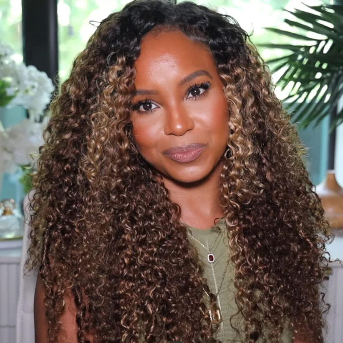 KLAIYI KLAIYI Dark Root Ombre Highlight Brown Curly V Part Wigs Human Hair Upgrade U Part Wigs Human Hair for Women Balayage Highlights FB30 Color V Part Wigs No Leave Out Curly Wigs 150% Density 22Inch