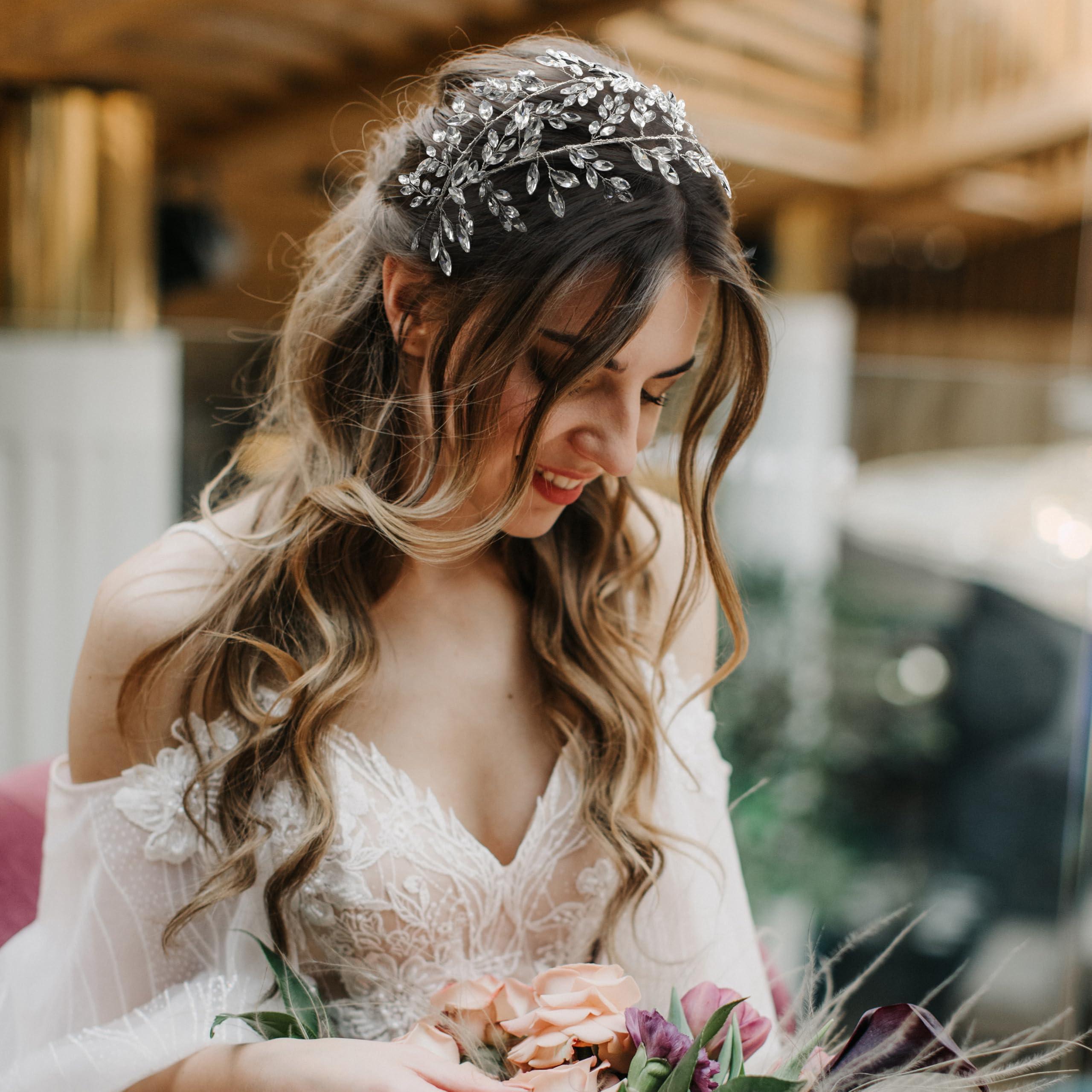 Oriamour Oriamour Crystal Bridal Headbands Silver Leaf Tiara Headband for Women Wedding Headpices for Women Hair Accessories