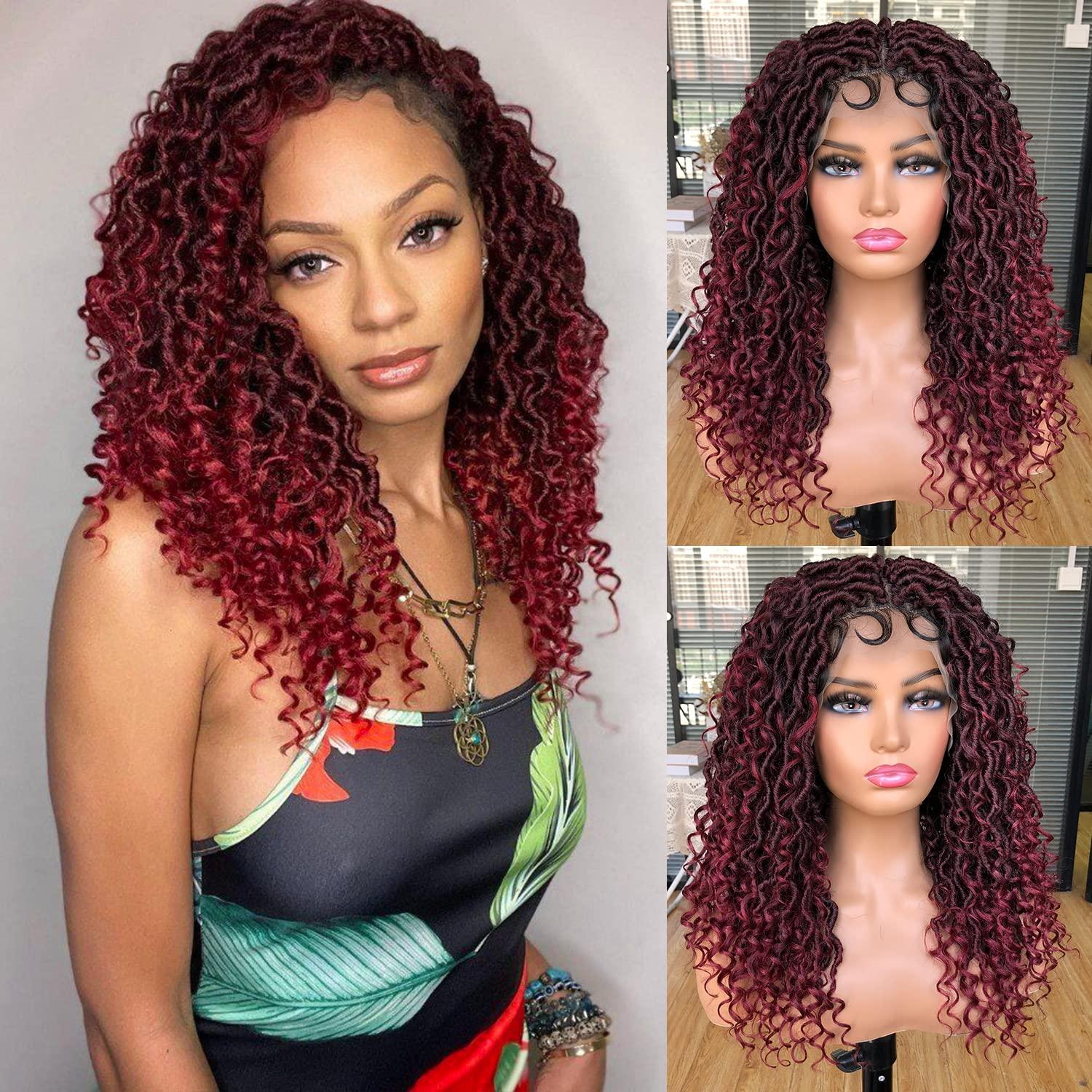 MURAMURA HAIR MURAMURA HAIR Goddess Faux Locs Wigs for Black Women 18Inch Full Lace Curly Synthetic Wigs with Baby Hair Bohemia Locs Twist Crochet Curls Braid Braided Wig(Ombre Red