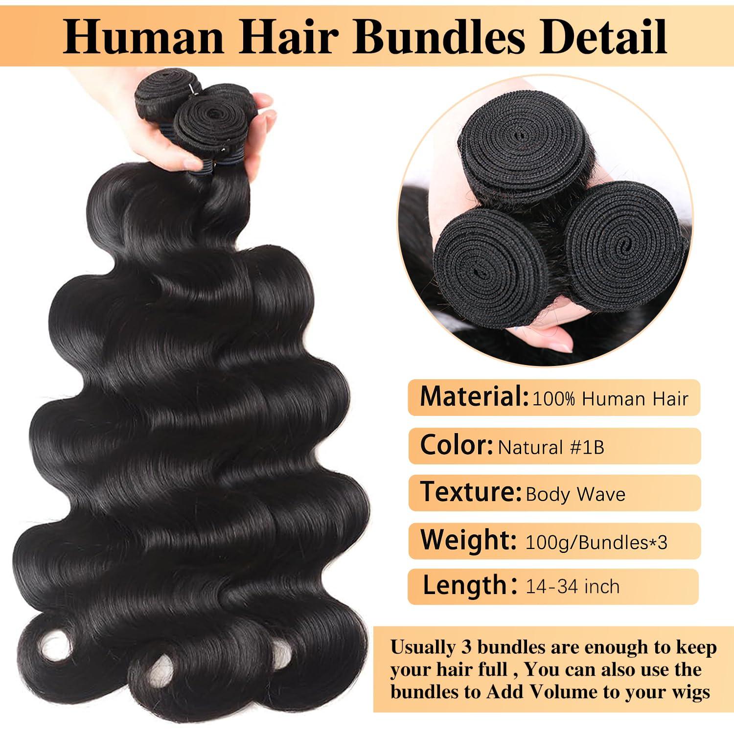 Tahikie Tahikie Body Wave Bundles Human Hair 28-34 Inch 12A Brazilian Virgin Hair Quick Weave 3 Bundles Deals Human Hair Extensions Natural Black