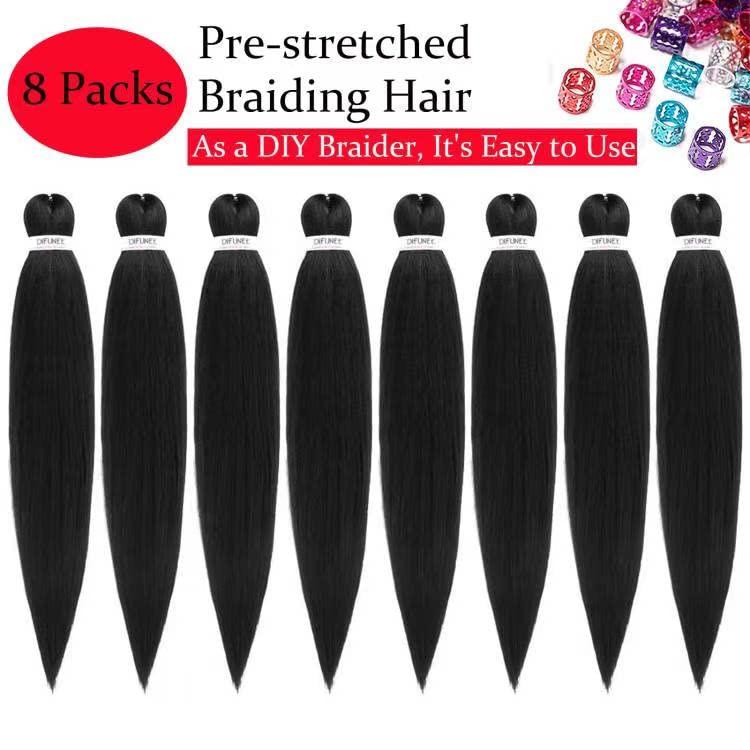 DIFUNEE DIFUNEE Pre-stretched Braiding Hair - 16 Inch 8 Packs Natural Black Short Braiding Hair For Twist or Box Braids, Yaki Texture Hot Water Setting Synthetic Braiding Hair Extensions (16 Inch, 1B-8P)