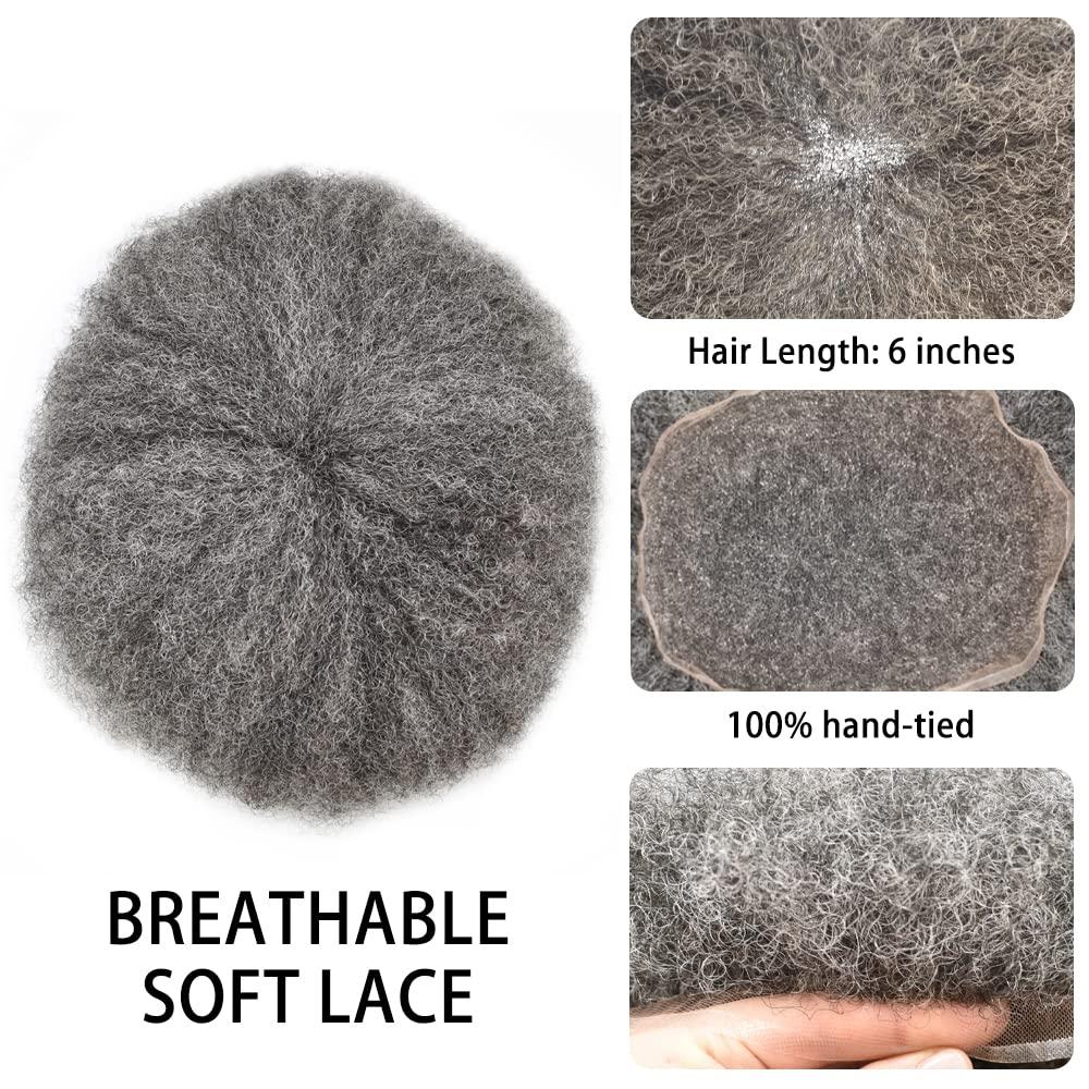 RESHE Wave Hair Unit Black Men Afro Toupee Kinky Curly Hair Replacement System Human Hair Piece For Black Men Afro Hair System African American Toupee 8\'\'X10\'\' 6MM Afro Wave #1B50 #1B OFF BLACK + 50% GREY