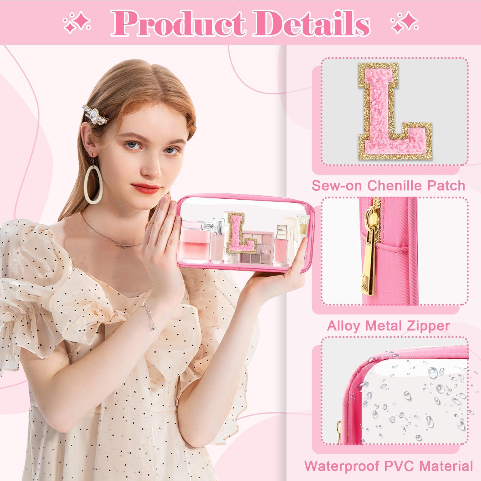 UIXIZQ UIXIZQ Personalized Initial Letter Clear Makeup Bag,Preppy Small Nylon&PVC Cosmetic Zipper Bag with Chenille Letter,Travel Skincare Toiletry Bag,Monogram Christmas Gift for Teen Girls Women,L