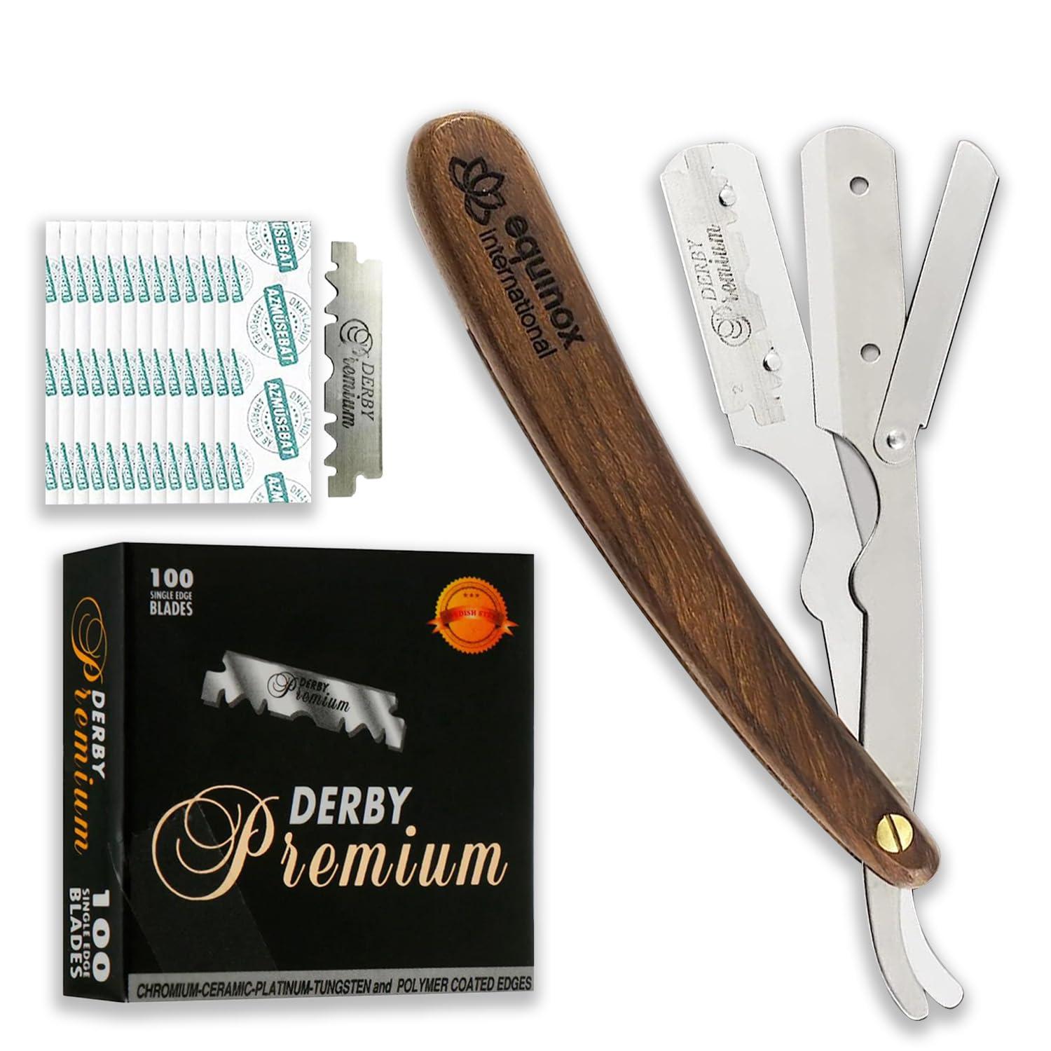 Equinox International Equinox Fancy Straight Edge Razor - Manual Shaver for Men - Includes 100 Disposable Derby Blades - Wooden Handle - Barber Kit - Straight Razors for Men - Navajas para barbero - retro straight razor