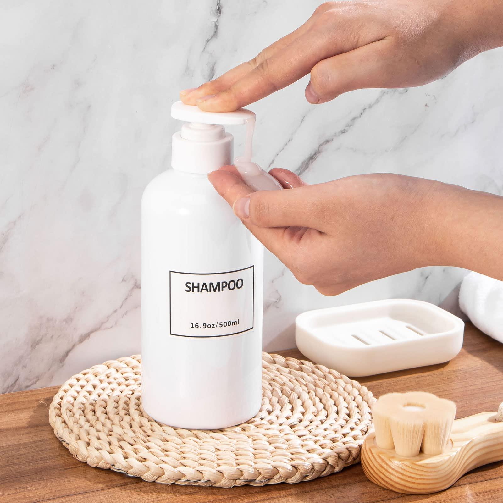 Yeeco Shampoo Bottles Refillable with Pump Yeeco White Shampoo and Conditioner Pump Bottle Dispenser with Waterproof Labels 16.9oz/500ml 3 Packs, Shampoo Bottles for Bathroom, Kitchen, Hotel