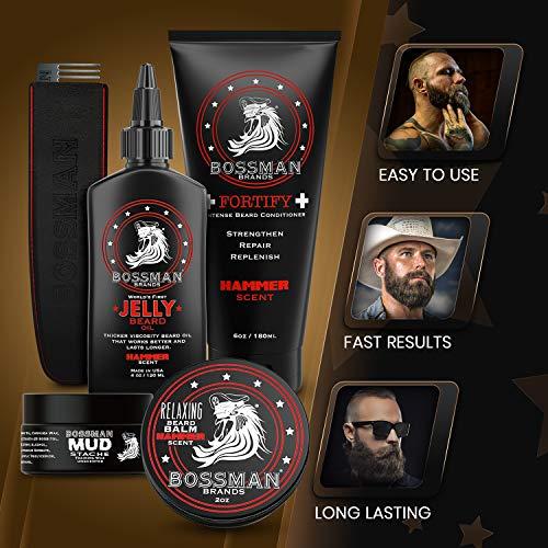 Bossman Bossman Complete Beard Kit - Men's Beard Oil Jelly, Fortify Shower Conditioner, Balm, Mustache Wax and Comb - Beard Softener, Growth, Care and Grooming Products Kit (Hammer)