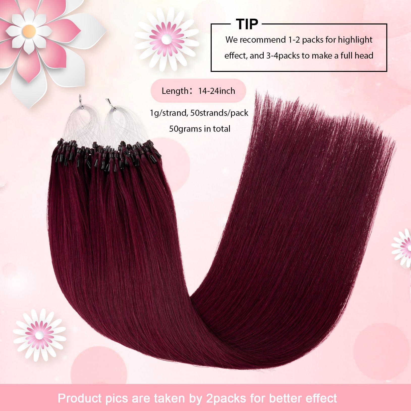 Senmy Senmy Micro Link Hair Extensions Human Hair Red Hair Extensions Burgundy Micro Loop Hair Extensions Real Human Hair 1g/strand 50g Deep Wine Red 14inch Microlink Hair Extensions #99J