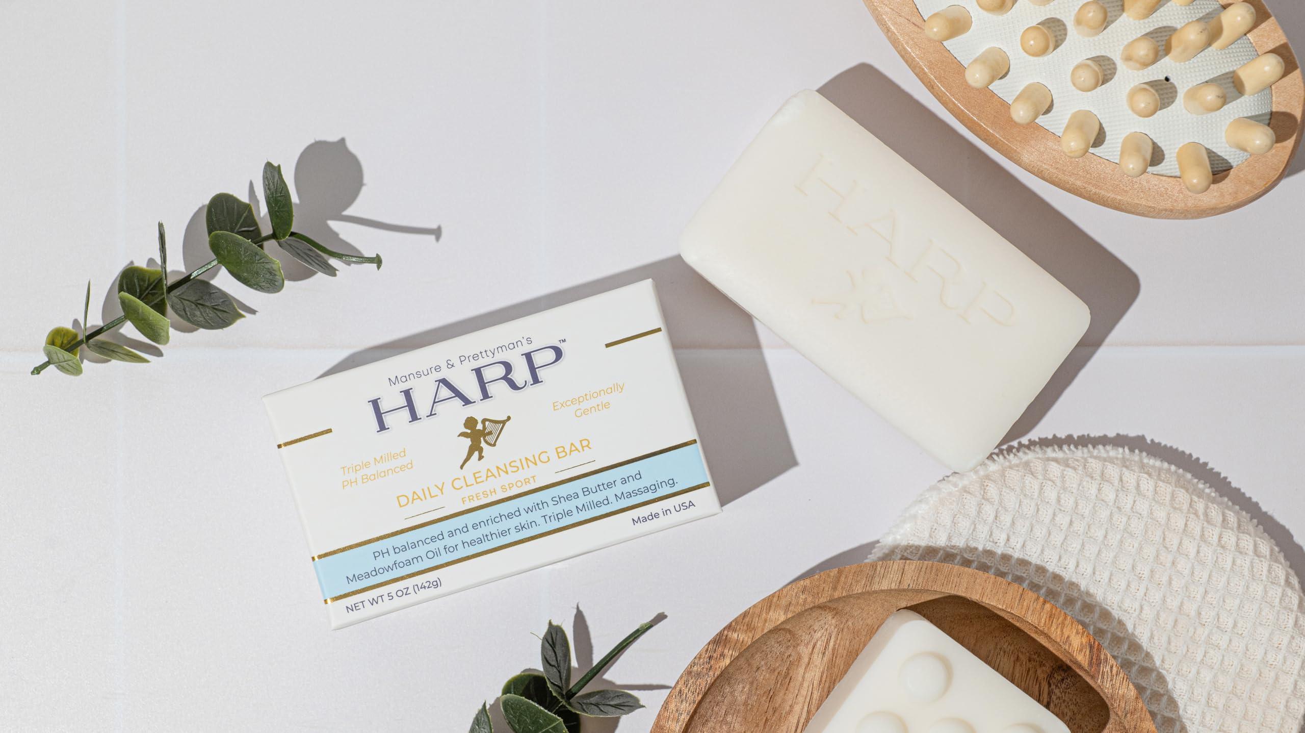 Mansure & Prettyman's HARP HARP pH-Balanced (5.0-6.0) Body Wash Bar - Exceptionally Gentle For Dry or Sensitive Skin + Shea Butter + Borage Oil | Non-Comedogenic | Soap-Free, Lye-Free. FRESH SPORT FRAGRANCE