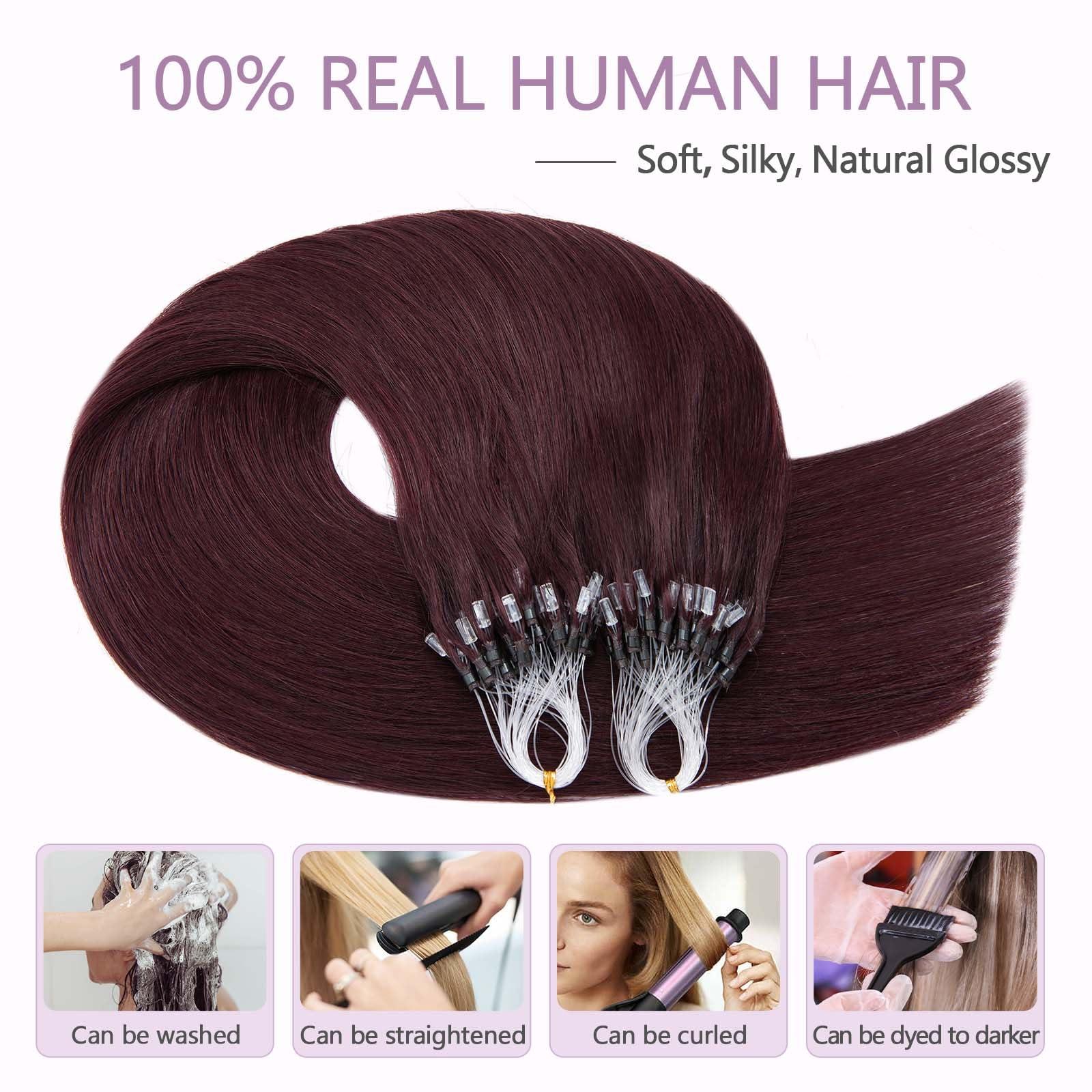 Benehair Benehair Micro Loop Hair Extensions Real Human Hair Wine Red Microlink Hair Extensions Human Hair 22inch Micro Link Hair Extensions for Women Invisible Natural Hair Extensions Add Volume