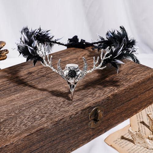 MOSTORY MOSTORY Handmade Black Raven Feather Crown - Gothic Elf Circlet with Raven Skull Dark Moon Tiara for Women Girls Halloween Cosplay Renaissance Wedding Witch Sorcerer Photo Shoot