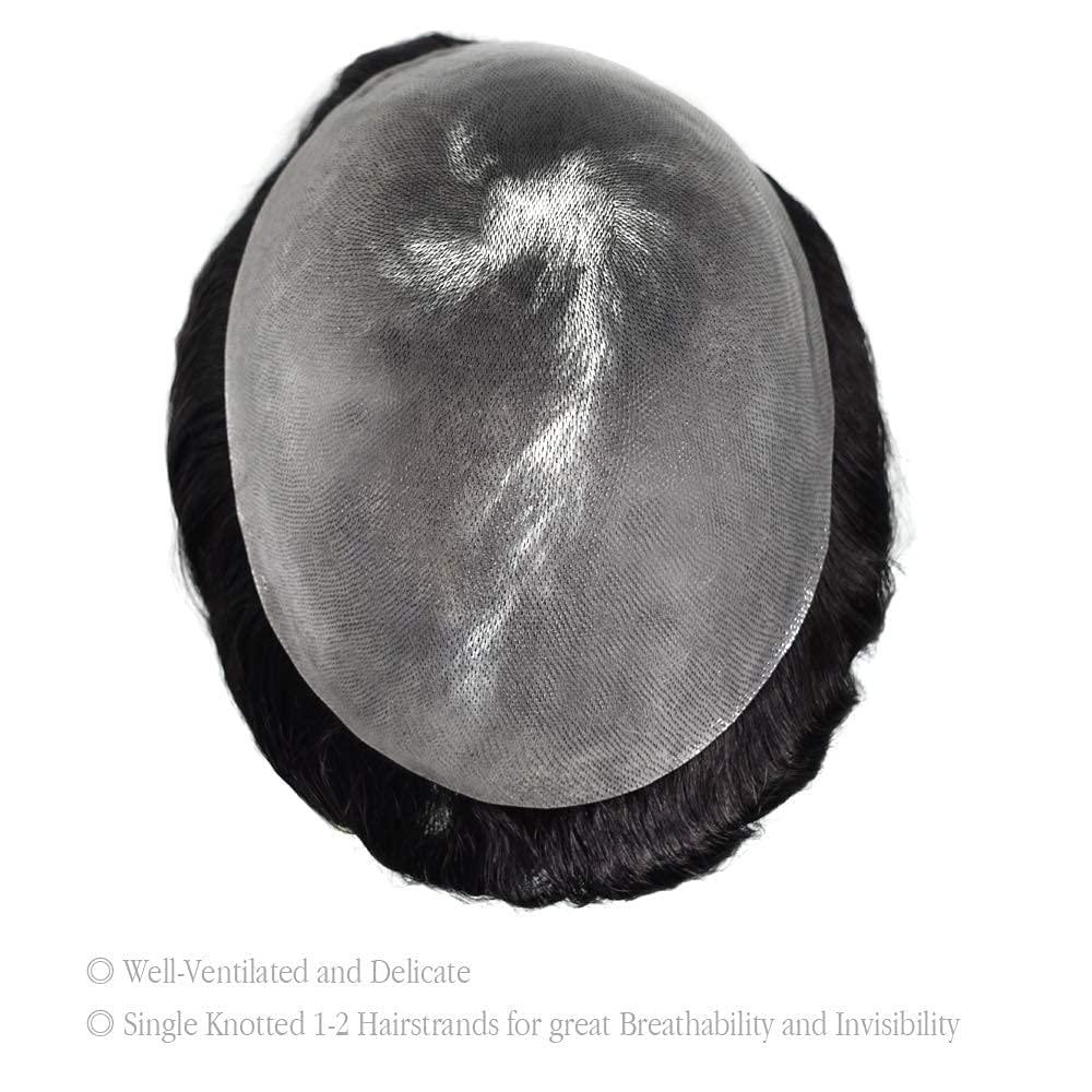 Curve Hair Thin Skin Men's Toupee Real Human Hair Pieces for Men 0.1-0.12mm Medium PU Durable Mens Hair System Full Poly Hair Replacement for Men PAPY (8"x10", 2 Darkest Brown-90% Light Density)