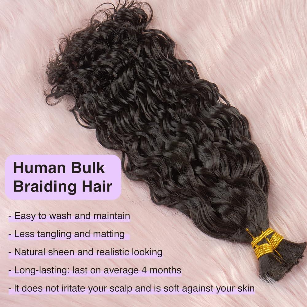 CurlyPark Water Wave Bulk Human Hair for Braiding Double Drawn Natural Color Curly Human Braiding Hair for Boho Braids Bohemian 100grams (20 Inches, Water Wave)