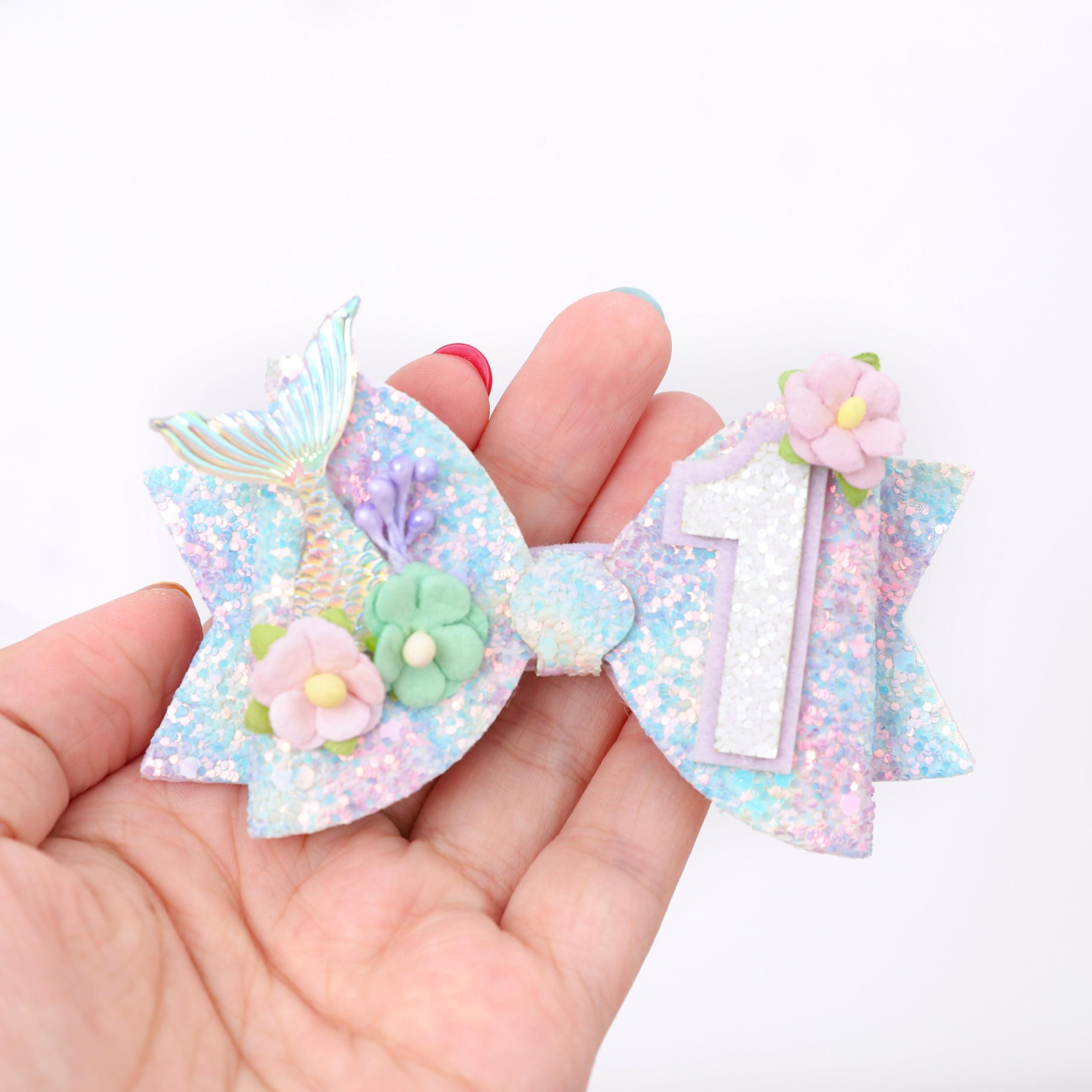 Jissoo Mermaid Birthday Hair Bow - Mermaid Birthday Decoration Hair Clips,Mermaid Hair Bow,Mermaid Bow For Girls,Cake Smash Prop ((1st))