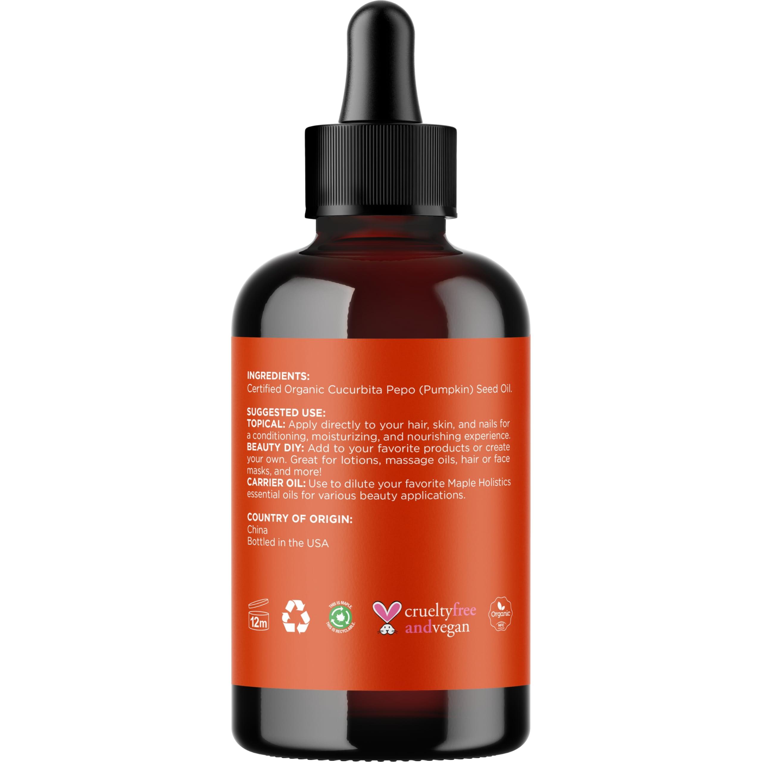 Maple Holistics USDA Organic Pumpkin Seed Oil - 100% Pure Pumpkin Seed Oil for Hair Growth Dry Skin and Anti Aging Face Oil - Organic Hair Oil for Dry Damaged Hair and Growth - Virgin Cold Pressed & Unrefined (4oz)