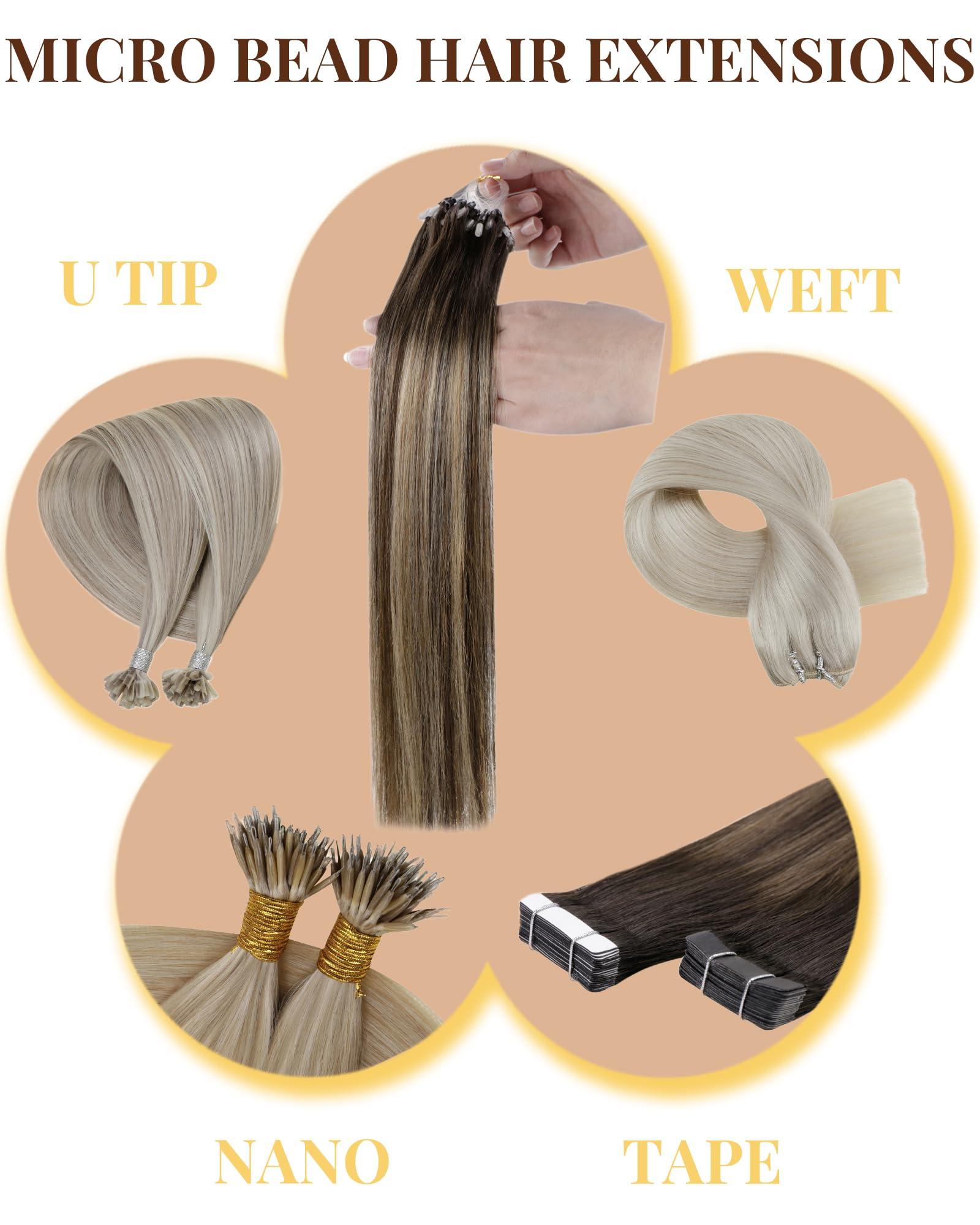 Hetto Hetto Micro Loop Hair Extensions Real Human Hair Ombre Black to Silver Remy Micro Beads Hair Extensions Natural Micro Link Hair Extensions Human Hair for Women 18 Inch 50g 50s