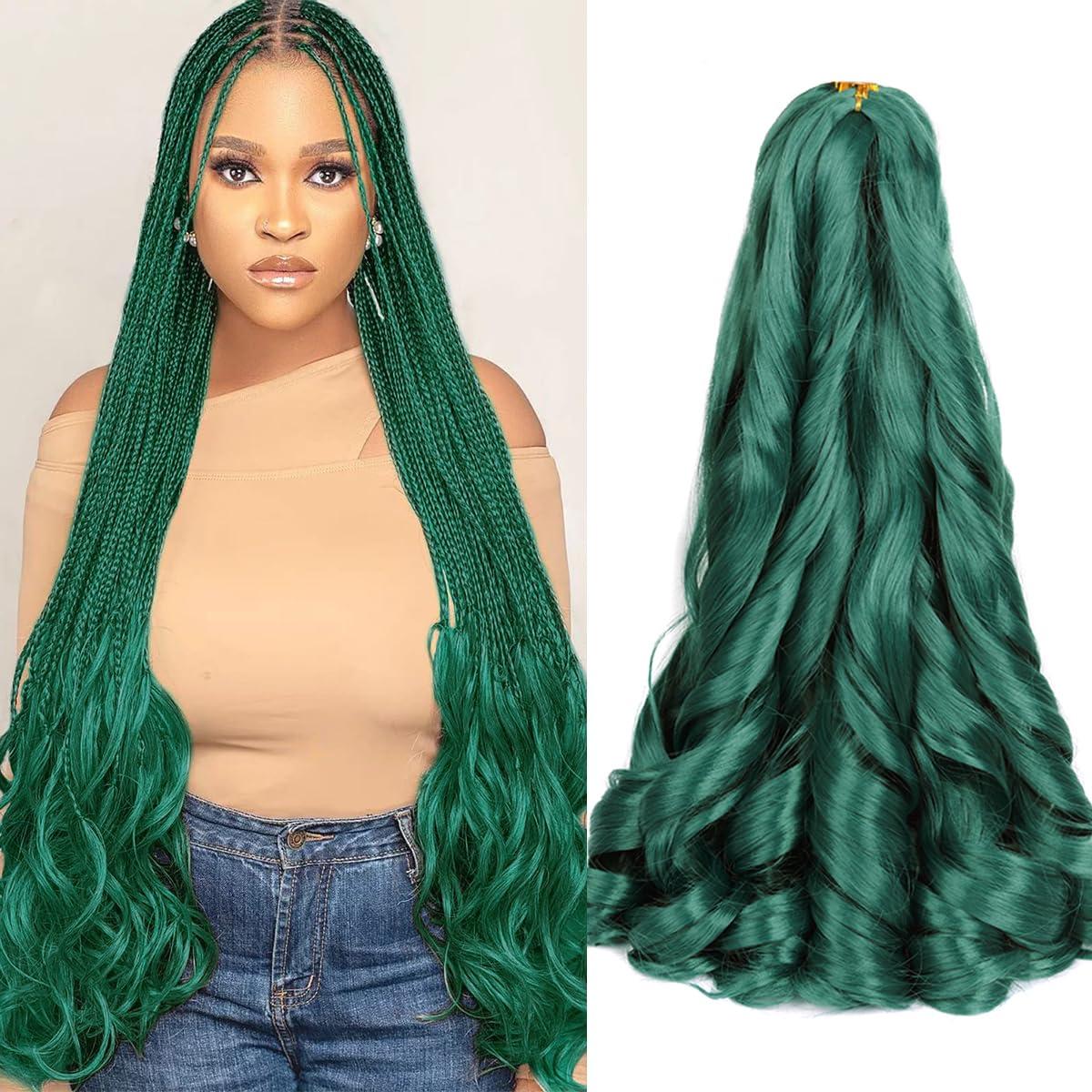 Luoyudu Green French Curly Braiding Hair 24 inch Loose Wavy 2 Packs Bouncy Braiding Hair extensions 75g/Pack French Curls Synthetic Hair Extensions (24inch,2packs,Green)