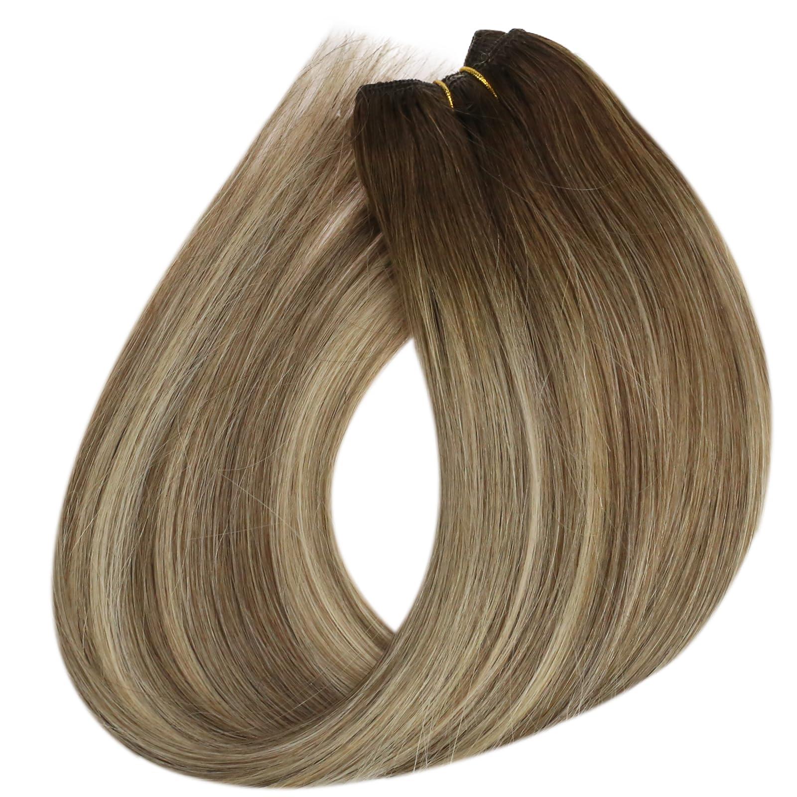 Sunny Hair Sunny Hair Beaded Weft Hair Extensions Human Hair 50G Micro Bead Hair Extensions Real Human Hair Vigorous Weft Hair Extensions with Micro Beads Cool Brown Balayage Light Brown to Blonde 16 inch