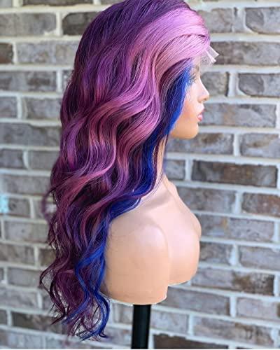 HAOKE Highlight Purple Wig Ombre Purple Blue Wigs For Women Pre Plucked Bleached Knots Lace Front Wig Body Wave Lace Front Wigs Human Hair(16inch, Purple Blue)