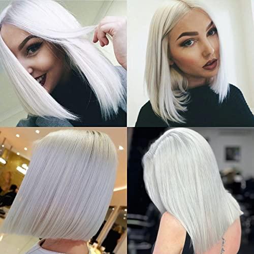 21AE 21AE REAL SKINLIKE 13x4 HD Transparent Lace Frontal 8 Inch Silky Straight Short Bob White Platinum Blonde Lace Front Wigs Human Hair Pre Plucked Bleached Knots Glueless Wigs for White Women