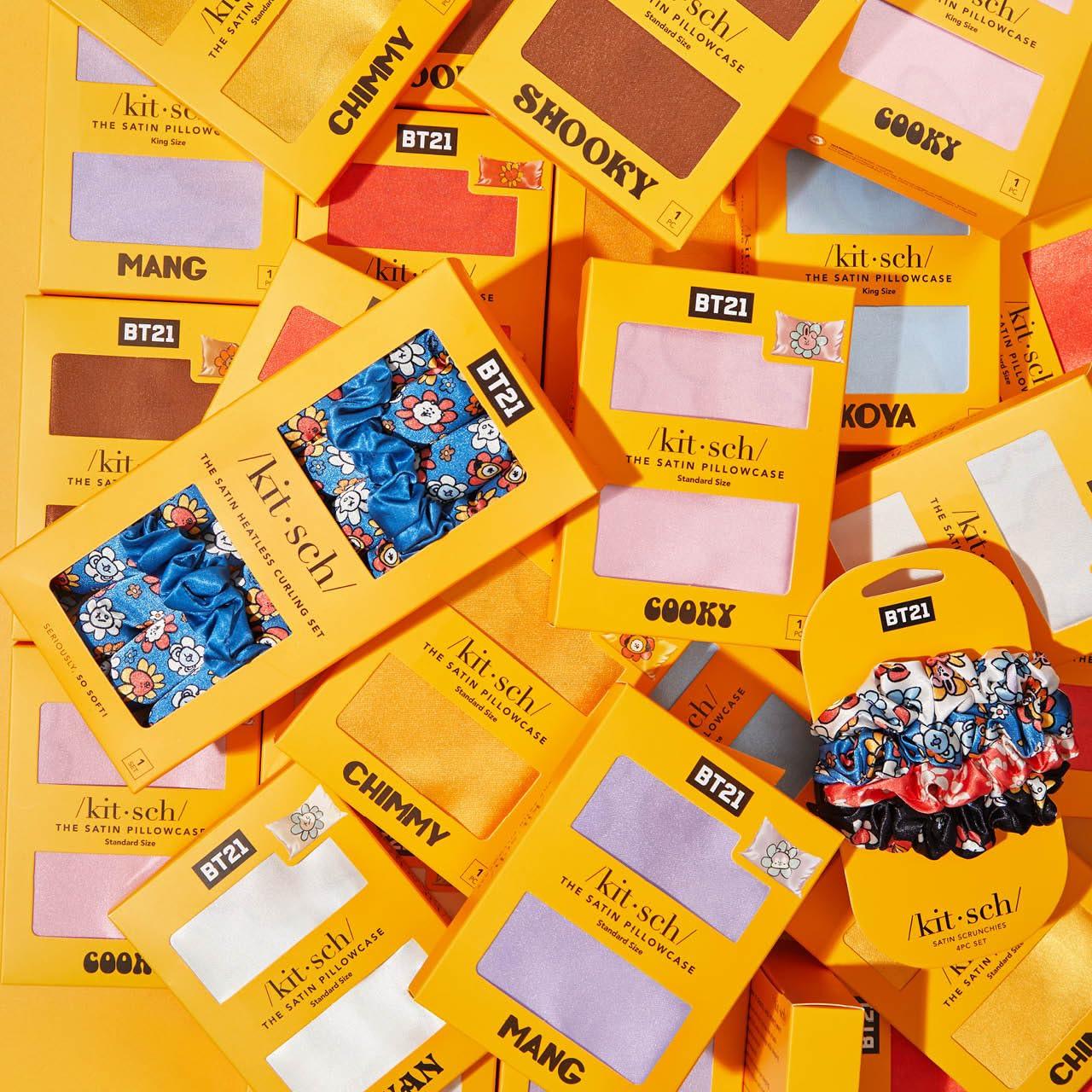 Kitsch Kitsch x BT21 Satin Scrunchies for Women - No Crease Hair Ties for Girls | Scrunchies For All Hair Types and Textures, Perfect for Day or Night - 4 Pcs