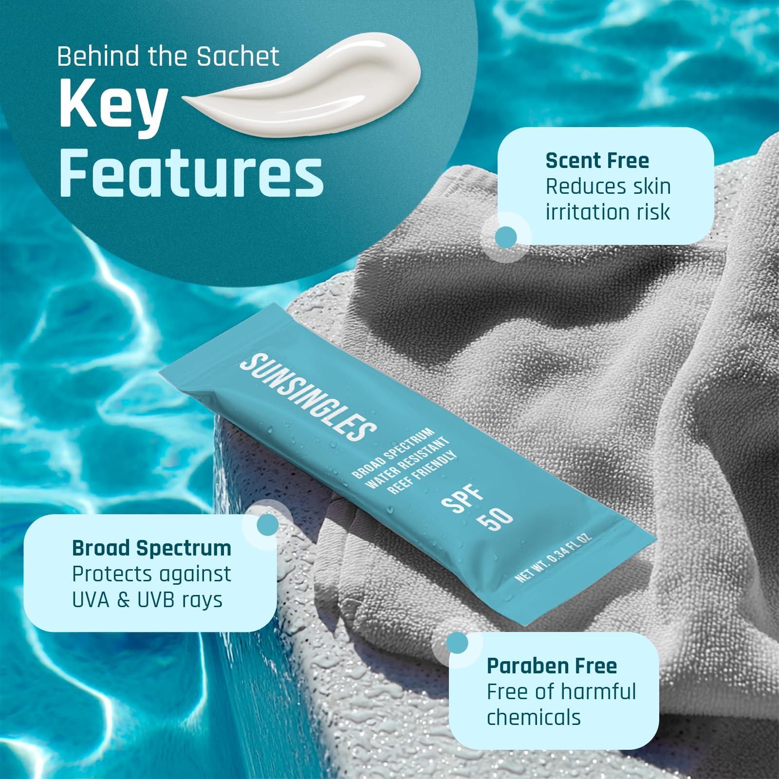 BROTION SunSingles Travel Size Sunscreen 10 Pack, Water/Sweat Resistant, SPF 50, PABA Free Mini Sunscreen, Reef Safe Sunscreen, Single Use Packets 0.34 Fl OZ