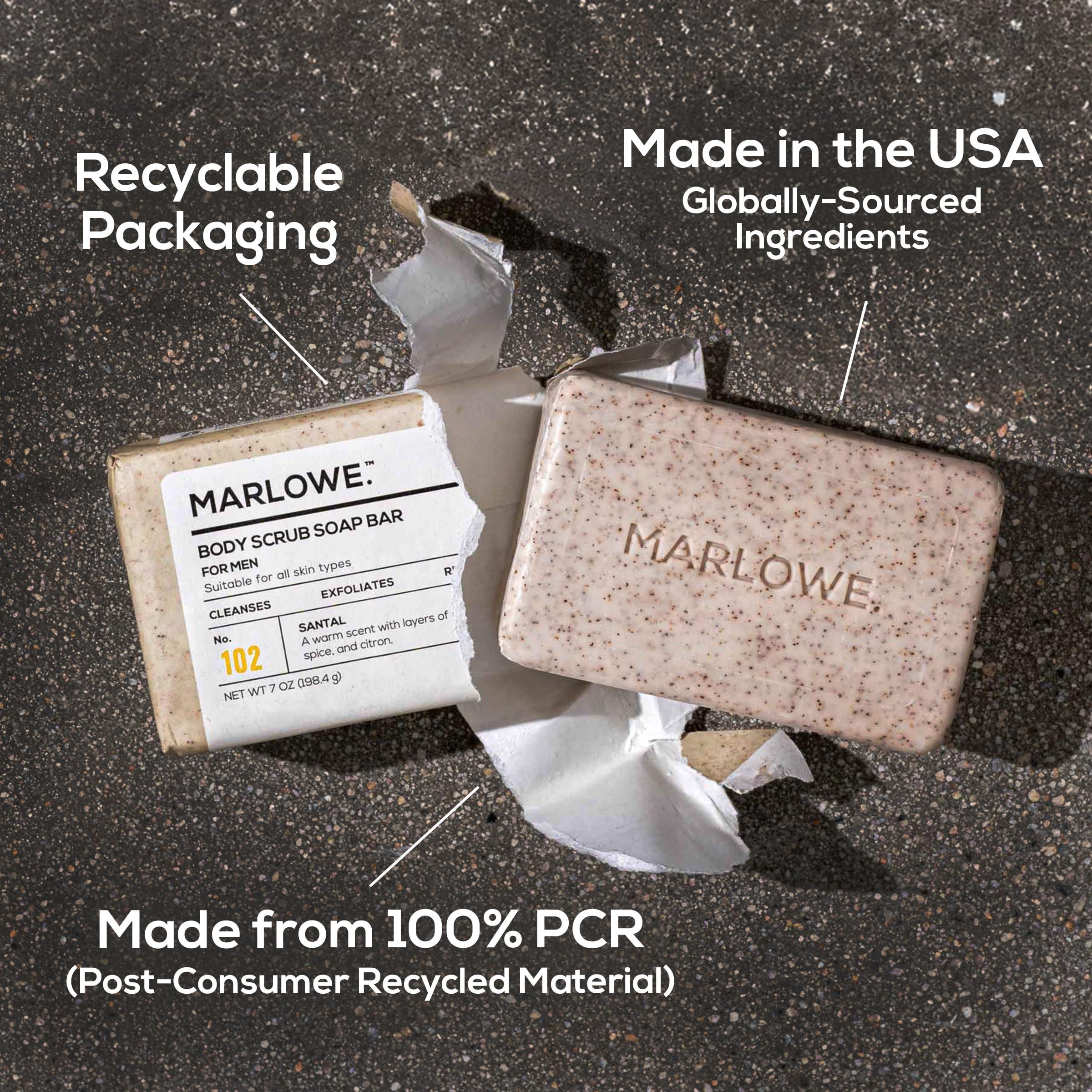 MARLOWE. M BLEND MARLOWE. No. 102 Men\'s Body Scrub Soap 7 oz (3 Bars) Warm Santal Scent, Best Exfoliating Bar for Men, Made with Natural Ingredients, Apricot Seed Powder, Shea Butter, Olive Oil, Green Tea Extracts