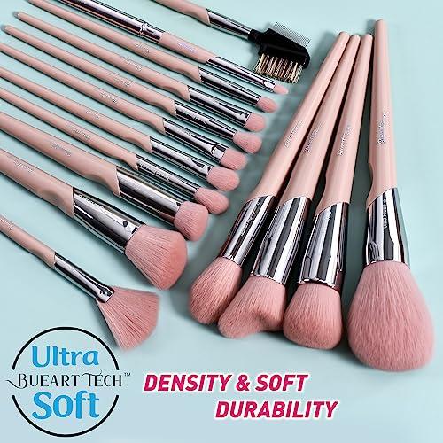 Bueart Design Bueart design 16Pcs ULTRA SOFT Labeled Best Makeup Brushes set with Travel Holder case face Contour Foundation brushes (16Pcs Elegant+Pink Holder)