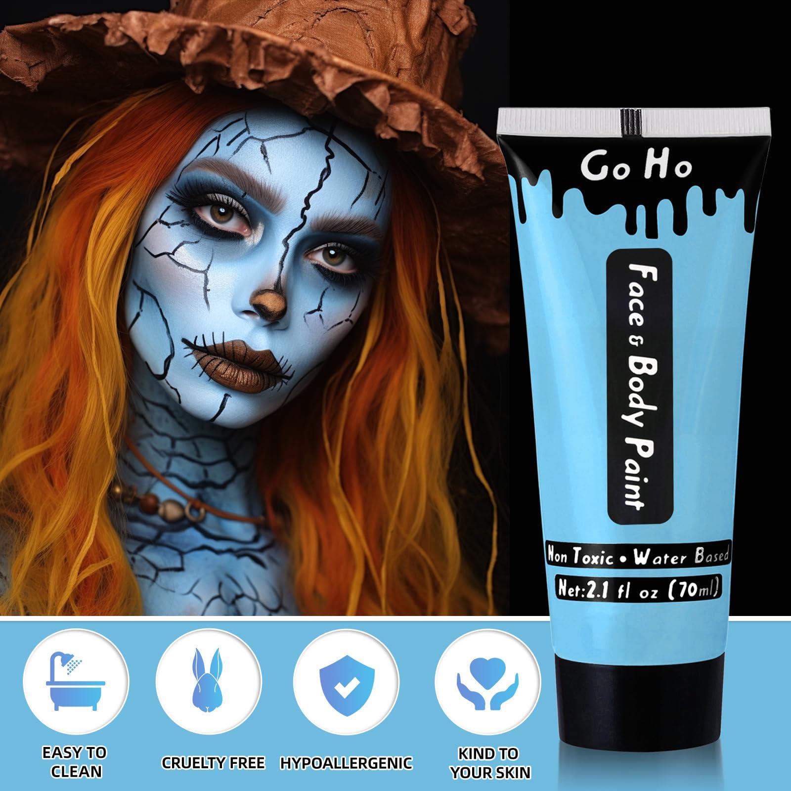 Go Ho Go Ho Light Blue Face Body Paint Washable(2.37 oz,70 ml),Water Based Cream Pale Blue Face Paint,Blue Body Paint for Halloween Costumes Festivals Cosplay SFX Corpse Bride Sally Makeup