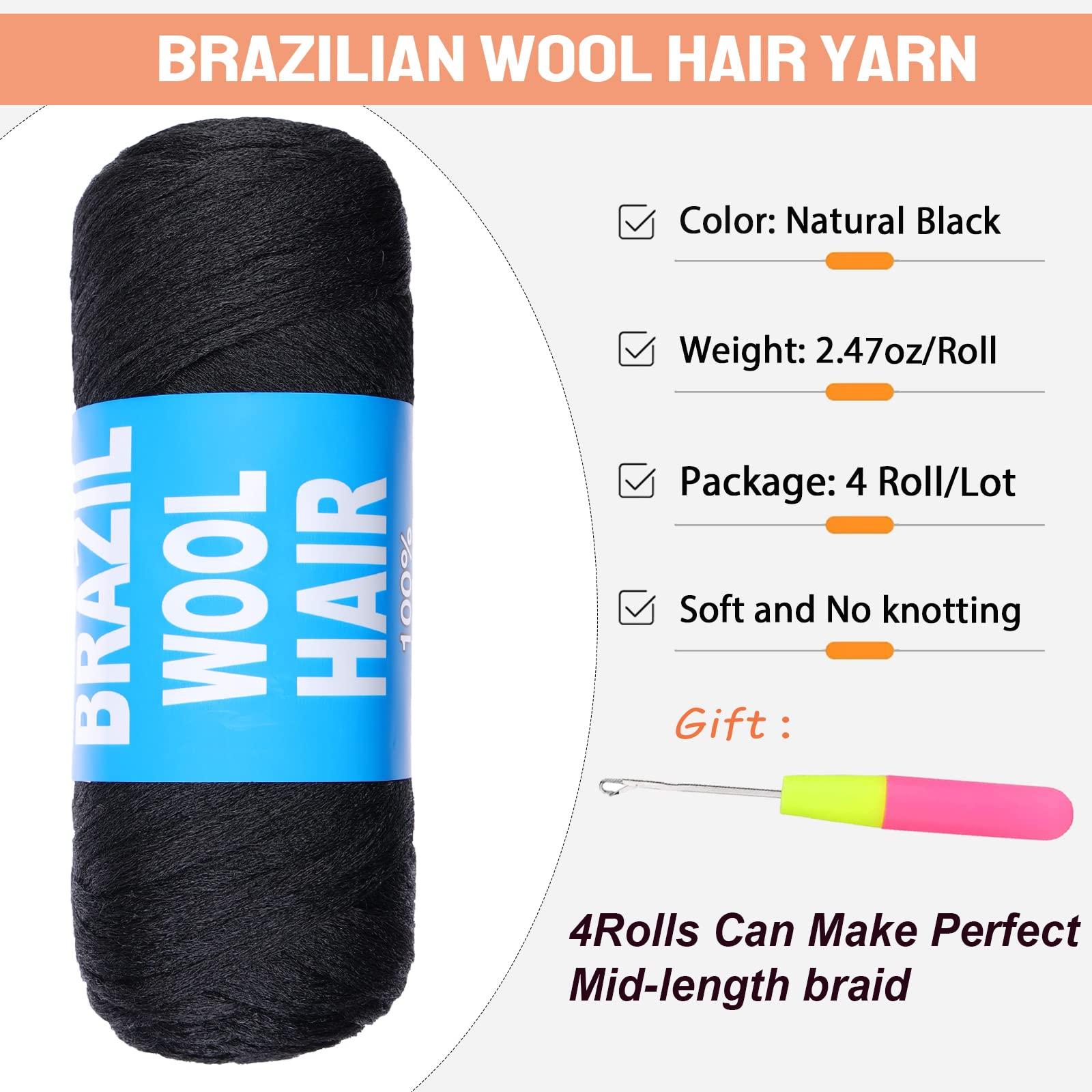 RuiYok RuiYok 4 Pcs Natural Black Brazilian Wool Hair for Braiding Hair Acrylic Yarn Crochet Box Braids Senegalese Twist Jumbo Braids Faux Locs Crochet Hair for Women Synthetic Braiding Hair Extensions(#1B)