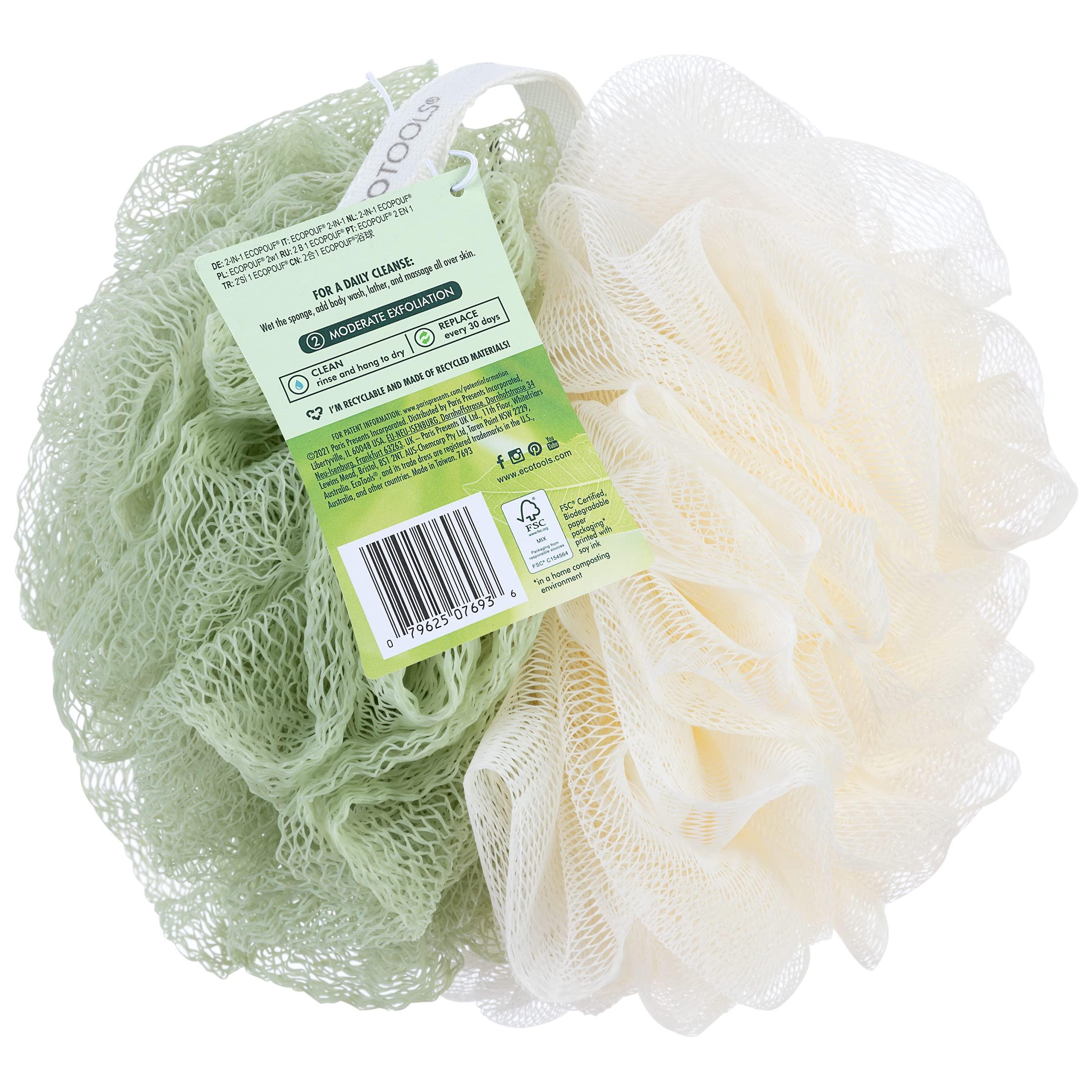 EcoTools EcoTools Green 2-in-1 EcoPouf, Dual-Sided Shower Loofah Exfoliates & Cleanses Skin, Made of Recycled Netting, Removes Dead Skin, Eco-Friendly Bath Accessory, Cruelty-Free, 6 Count (60g)