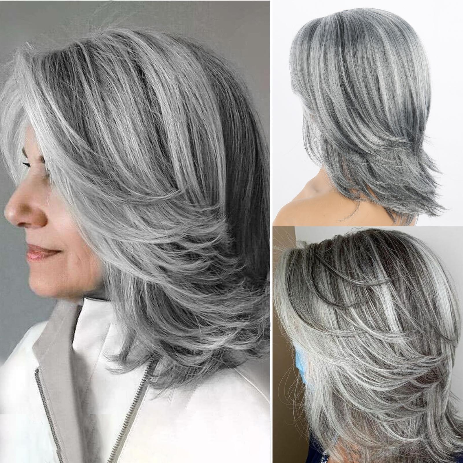 Liyouda Liyouda Short Gray Wigs for White Women Should Length Grey Layered Wigs, 14inch Grey Wig Wavy Curtain Bangs Wig Silver Gray Wigs for Black Women Synthetic Light Gray Wigs for Older Women