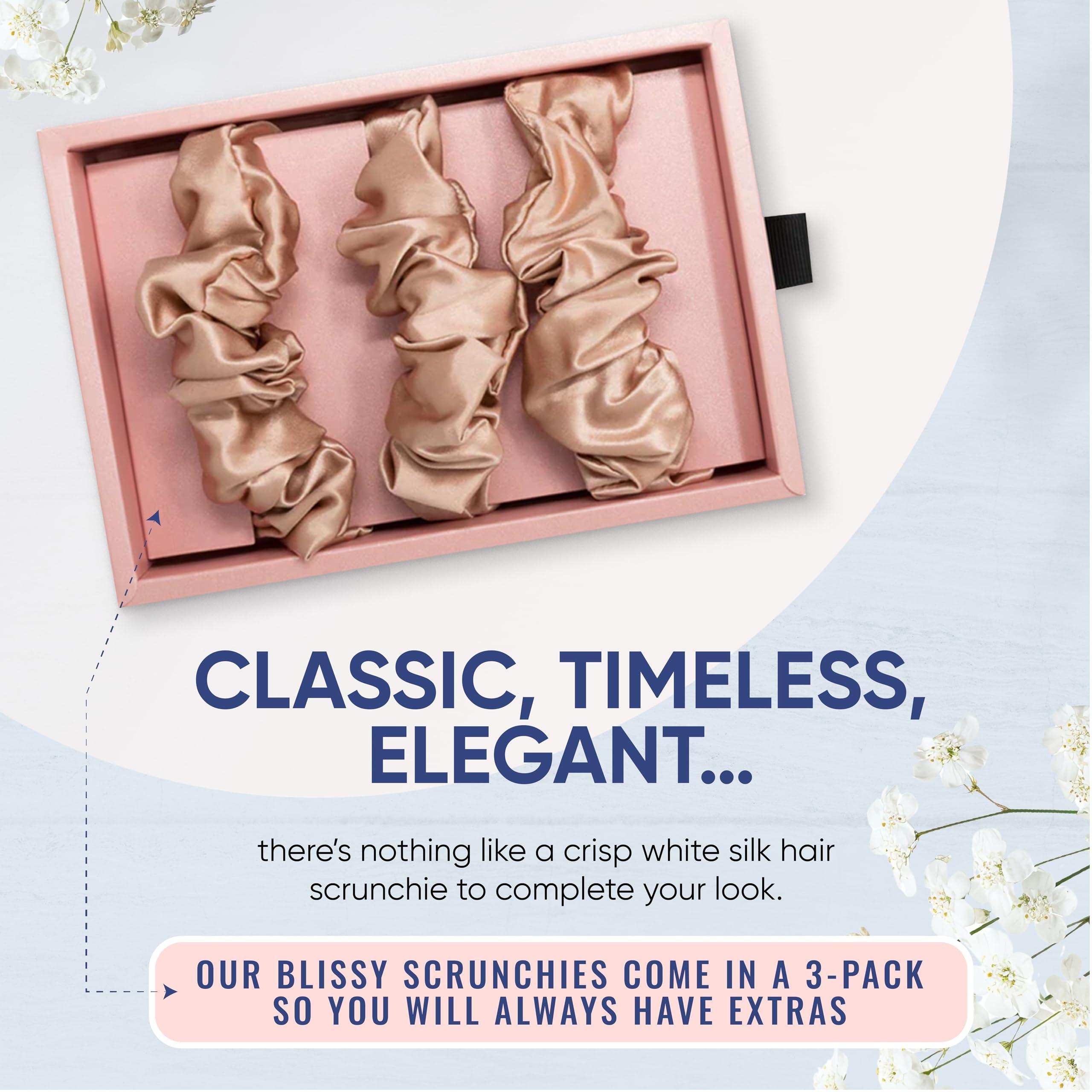 BLISSY Blissy Silk Scrunchies (3 Pack) - 100% Pure Mulberry Silk - 22 Momme 6A High-Grade Fibers - Silk Scrunchie for Straight & Curly Hair - Preventing Breakage, Tangling, & Creasing (Rose Regular)