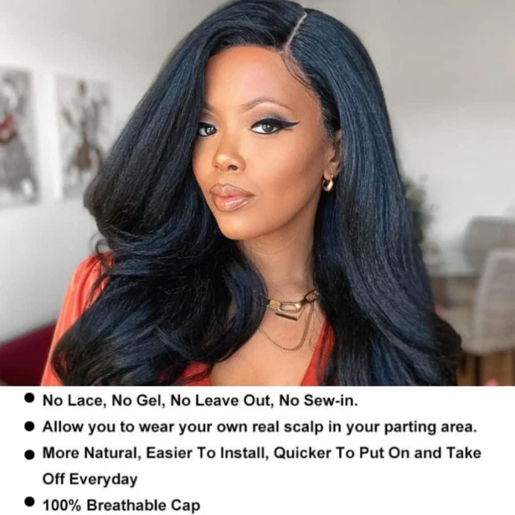 Julia Hair Julia Hair V Part Human Hair Wig Kinky Straight for Women Glueless Wigs Brazilian Virgin Human Hair Wigs Upgrade Upart Wig No Leave Out No Glue No Sew Natural Black Beginner Friendly 16 Inch