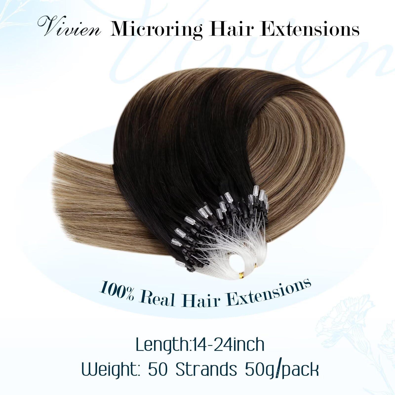 Vivien Vivien Micro Loop Hair Extensions Human Hair Ombre Micro Ring Hair Extensions Real Human Hair Natural Black to Brwon with Ash Blonde Micro Bead Human Hair Extensions 14 Inch 50G/50S