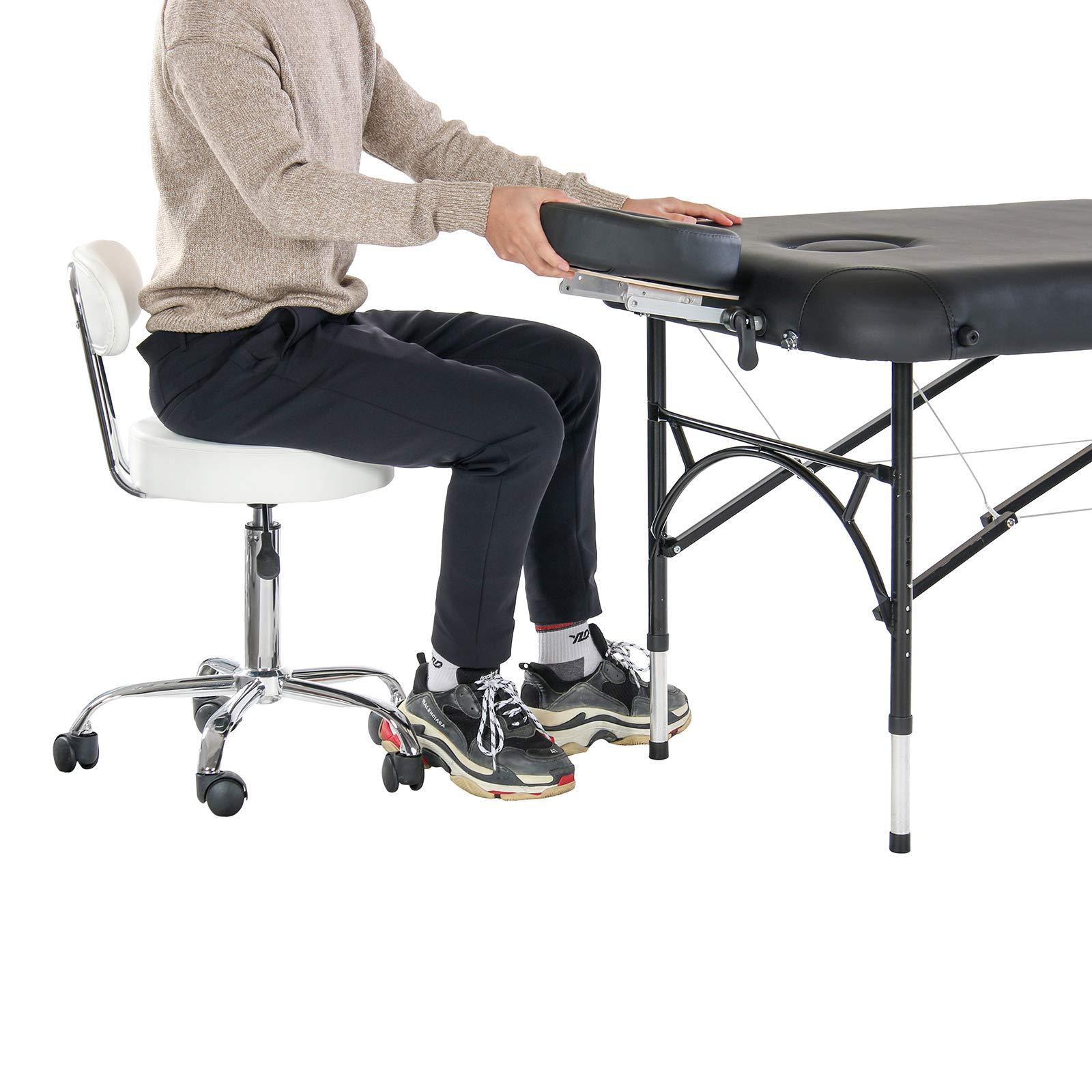 Artechworks Artechworks Adjustable Rolling Swivel Massage Stool for Salon Spa Tattoo Facial Medical Office Chairs with Backrest Wheels and Metal Plate Frame White (1 Pcs)