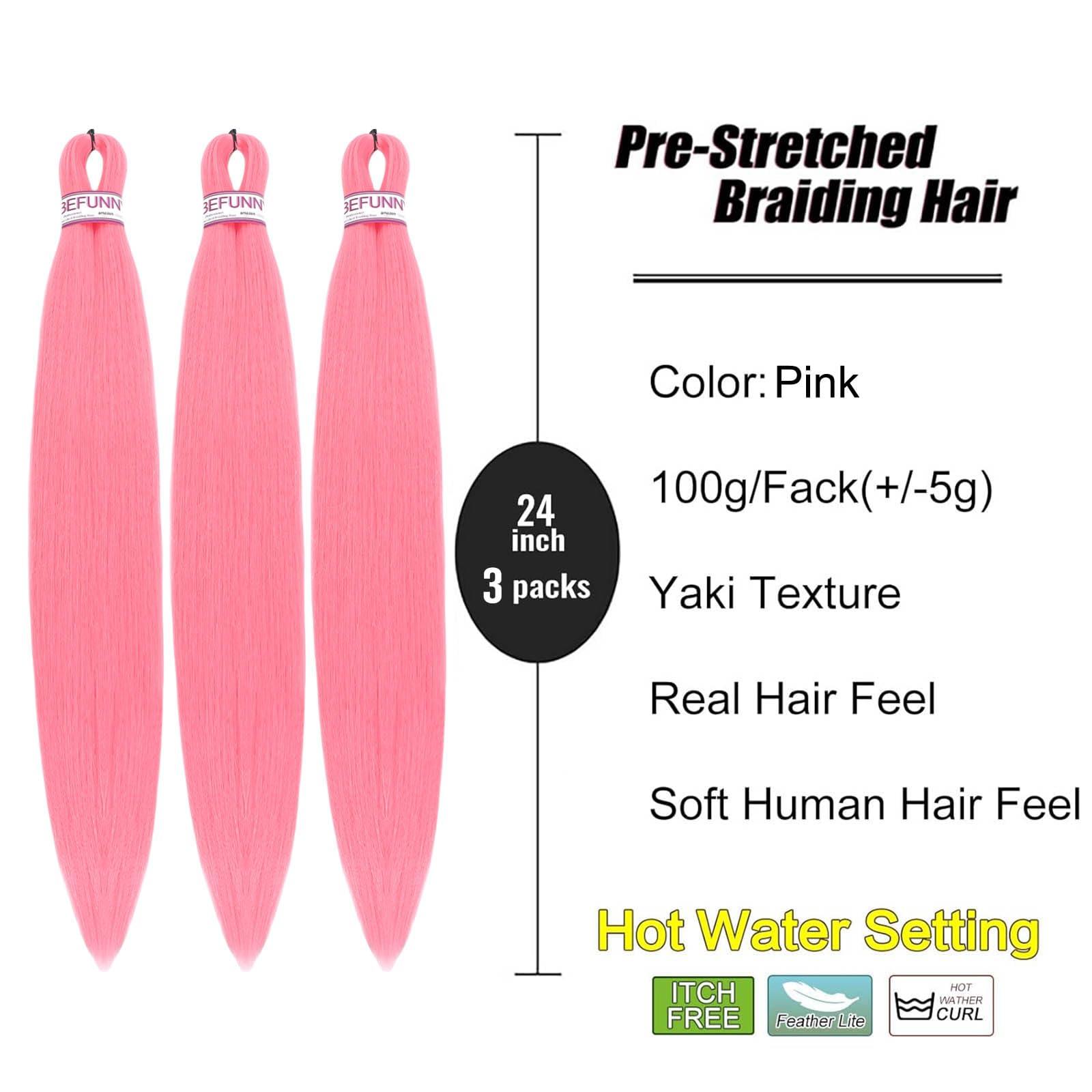 BEFUNNY Pink Braiding Hair,24 Inch 3 Packs Pre Stretched Braiding Hair,Ombre Prestretched Hair For Black Women Human Hair,Professional Itch Free Yaki Synthetic Hair Extension(24inch,pink,3pcs)