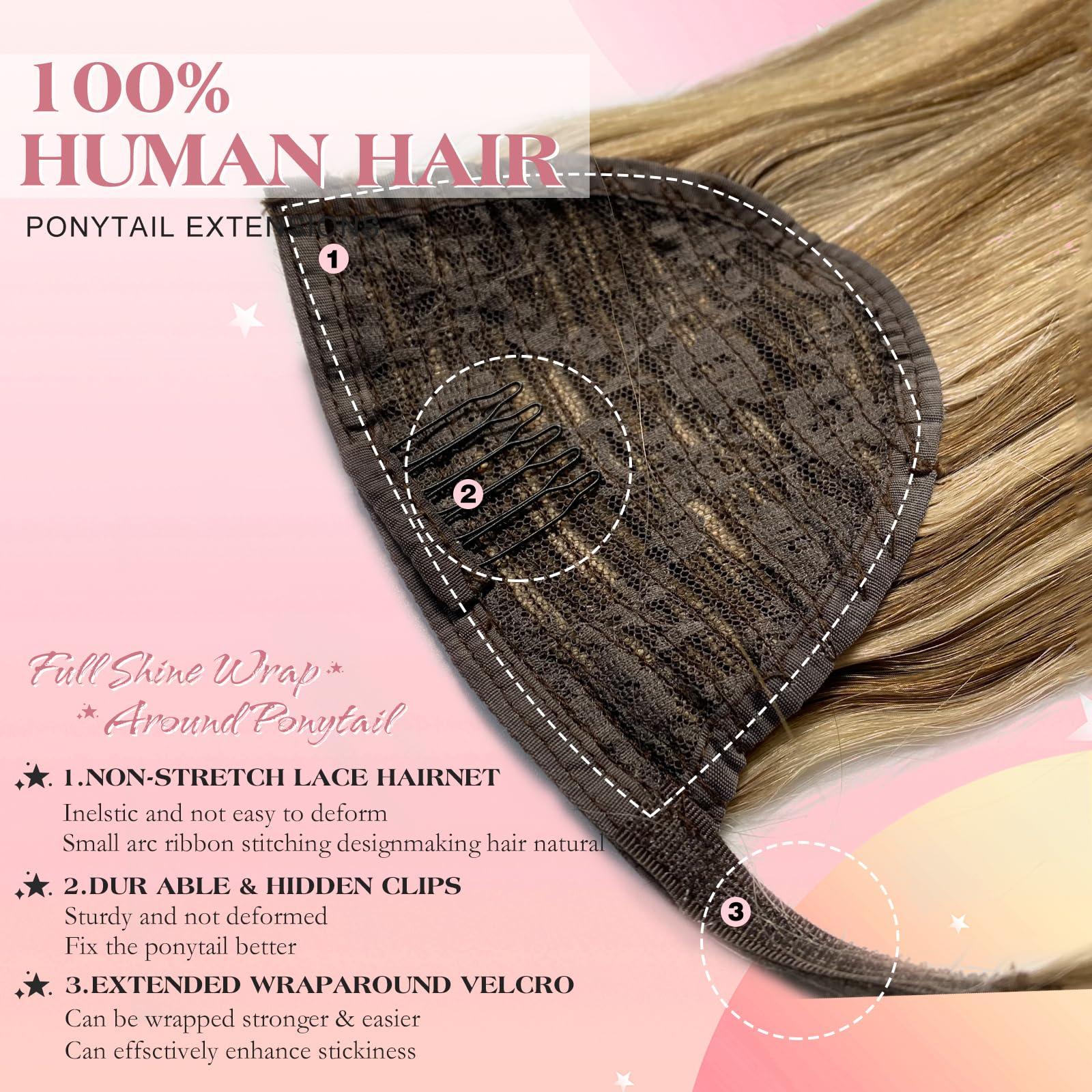 royaomis royaomis Ponytail Extension Human Hair Extension - Velcro Wrap Around Long Straight Real Hair Pony Tail Extensions with Magic Paste