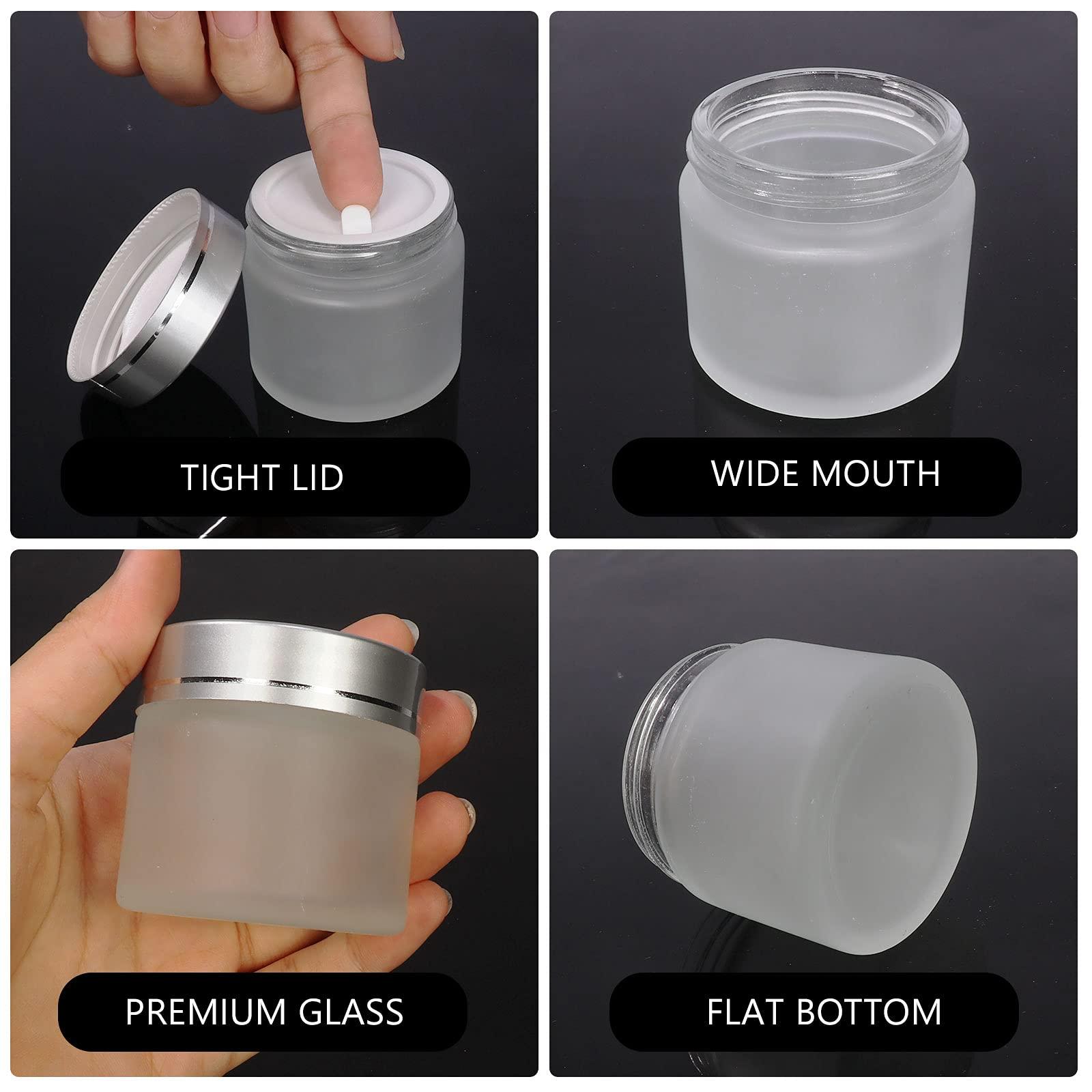 Betrome 15 Pack, 2 oz 60ml Frosted Glass Jars with Silver Lids & Inner Liners, Empty Matte Clear Round Refillable Cosmetic Containers Travel Jars for Cosmetics,Body Butter,Scrubs,Face Cream Lotion and More