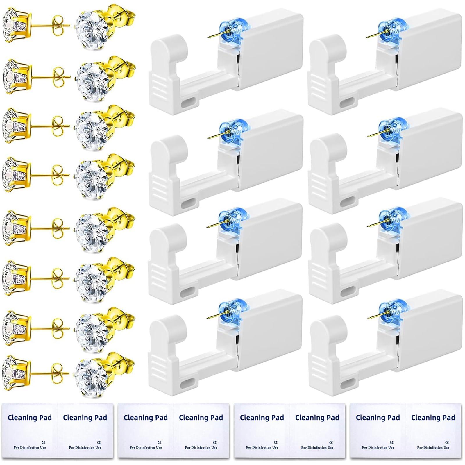Novopiercing 24 Pcs Ear Piercing Kit Disposable Ear Piercing Gun Kit with 8 Pcs Gold-Plated CZ Earrings Stud 8 Pcs Self Piercing Gun and 8 Pcs Cleaning Pads