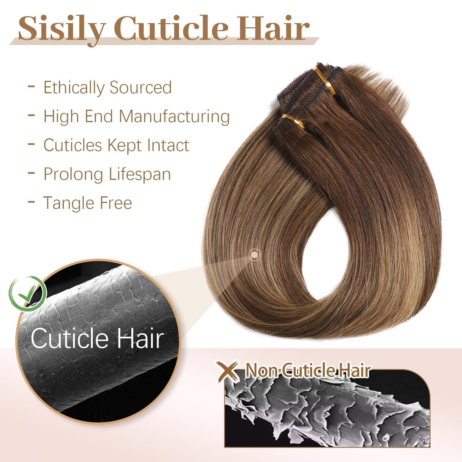 Sisily Sisily Clip in Hair Extensions Real Human Hair, Premium Human Hair Clip in Extensions Chocolate Brown to Blonde Balayage, Soft Straight Hair Extensions Real Human Hair Clip ins 7PCS 20 Inch