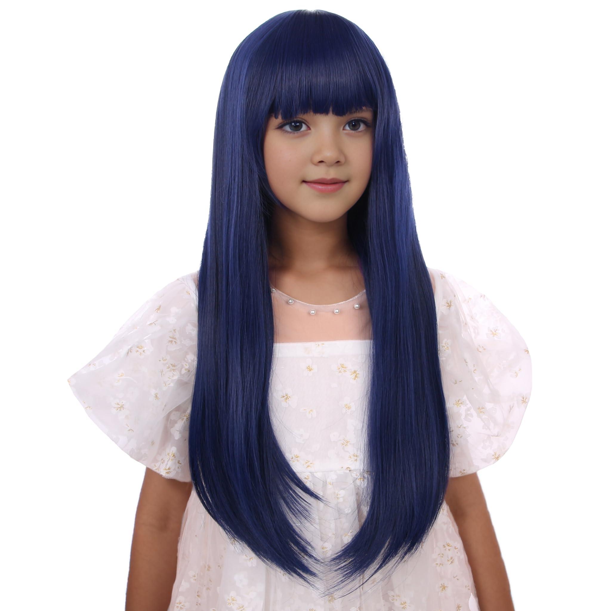 Edivd Edivd Dark Blue Wig for Kids Long Navy Blue Wig with Air Bangs for Girls Child Long Blue Straight Wig Heat Resistant Synthetic Wig with Wig Cap
