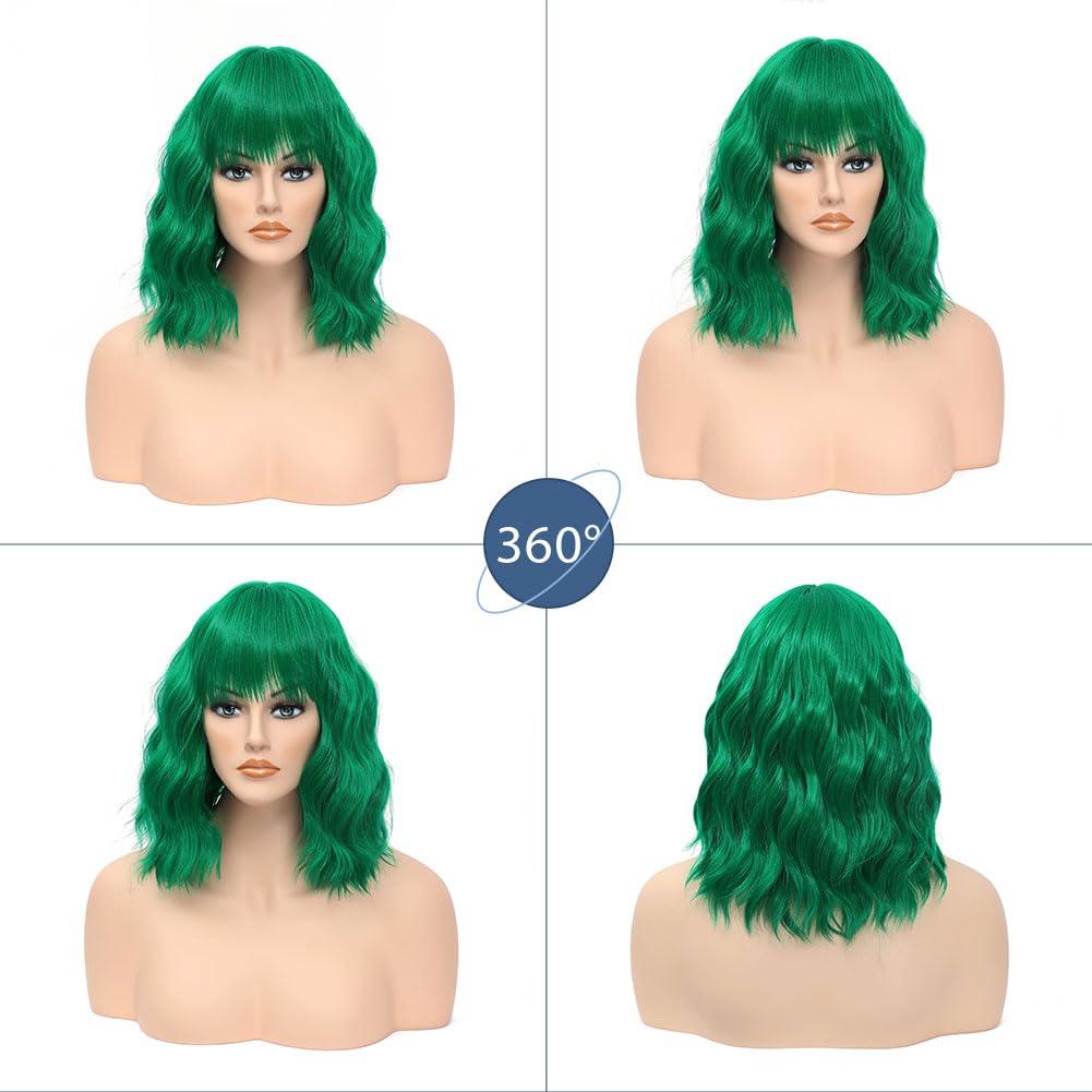 LOSMOEER LOSMOEER Green Wig with Bangs Short Wavy Wigs for Women Shoulder Length Curly Bob Wigs Heat Resistant Synthetic Wigs for Halloween Cosplay Daily Party Use