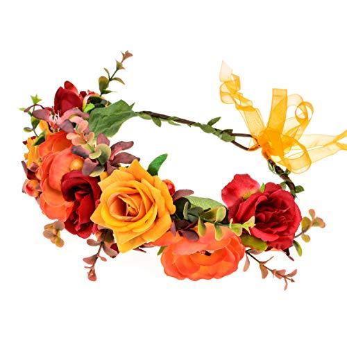 June Bloomy June Bloomy Women Rose Flower Crown Eucalyptus Leave Headband Baby Shower Floral Headpiece Greenery Garland Hair Wreath Photo Shoot (Orange Burgundy Yellow)